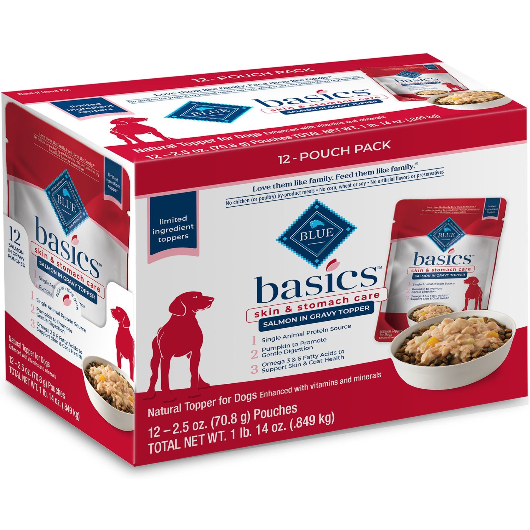 Blue Buffalo Basics LID Skin & Stomach Care Grain-Free Salmon in Gravy Adult Wet Dog Food Topper, 2.5-oz pouch, case of 12