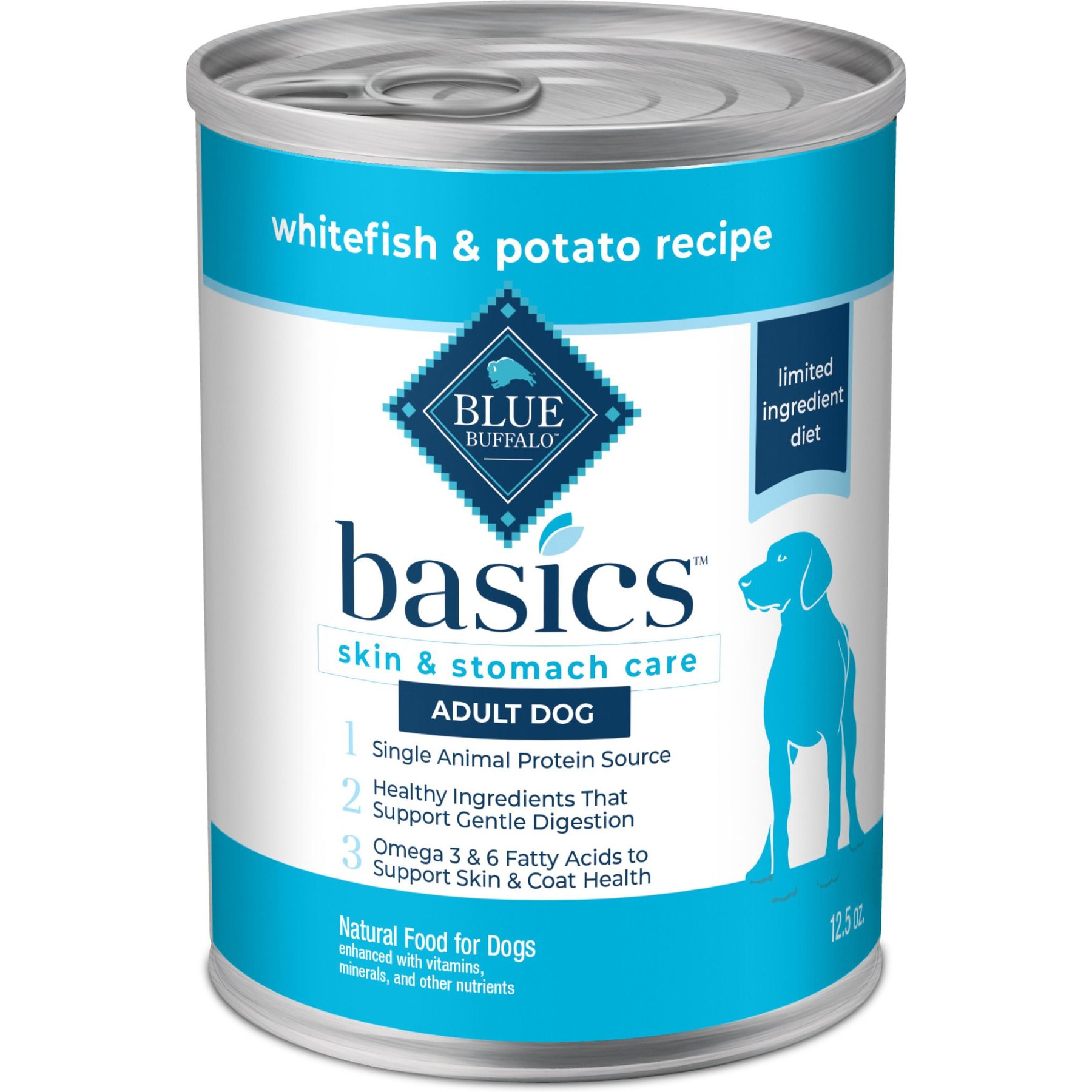 Blue Buffalo Basics Skin & Stomach Care Grain-Free Whitefish Entrée Adult Canned Dog Food, 12.5-oz can, case of 12