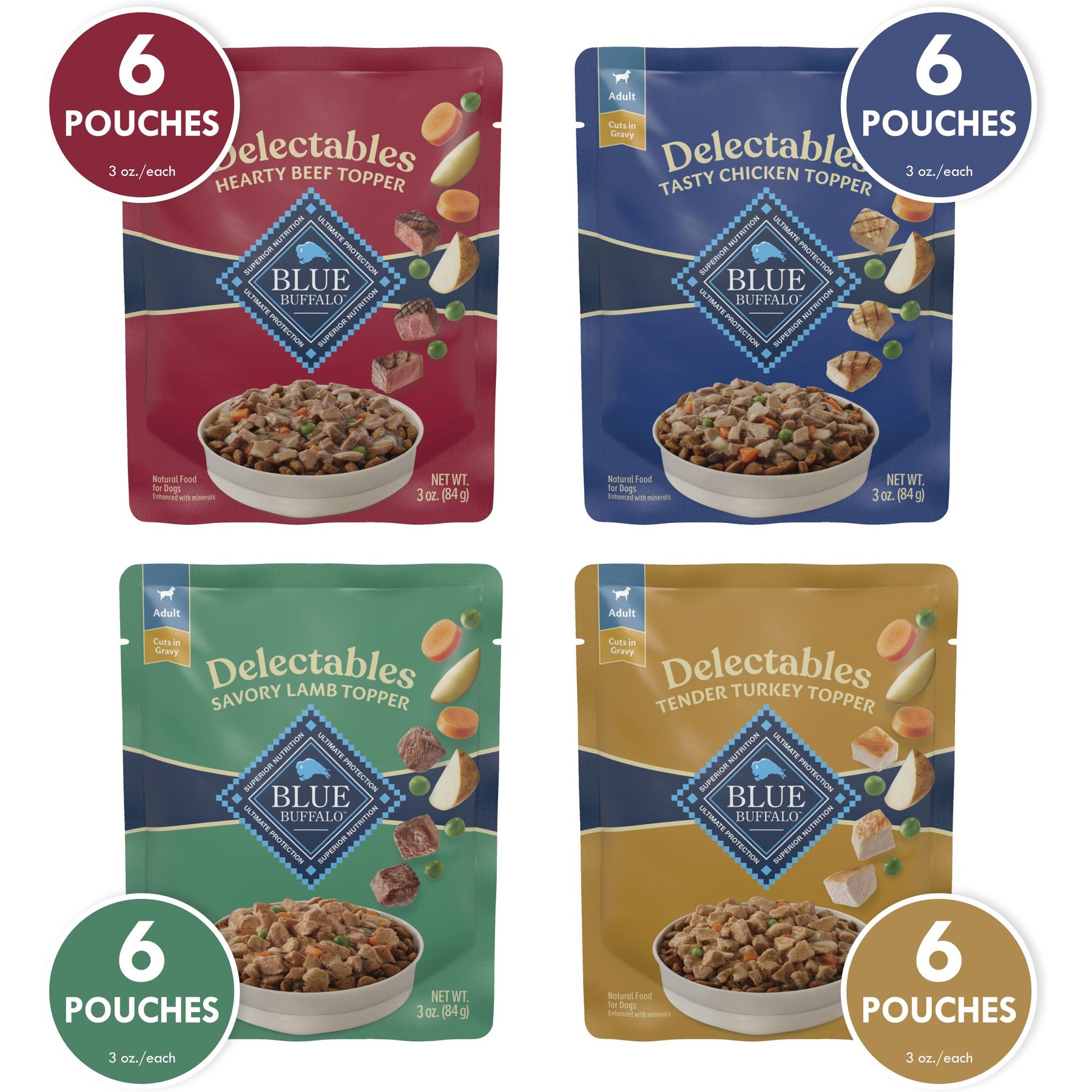 Blue Buffalo Delectables Tasty Chicken, Hearty Beef, Tender Turkey & Savory Lamb Natural Dinner Variety Pack Wet Dog Food Topper, 3-oz pouch, case of 24