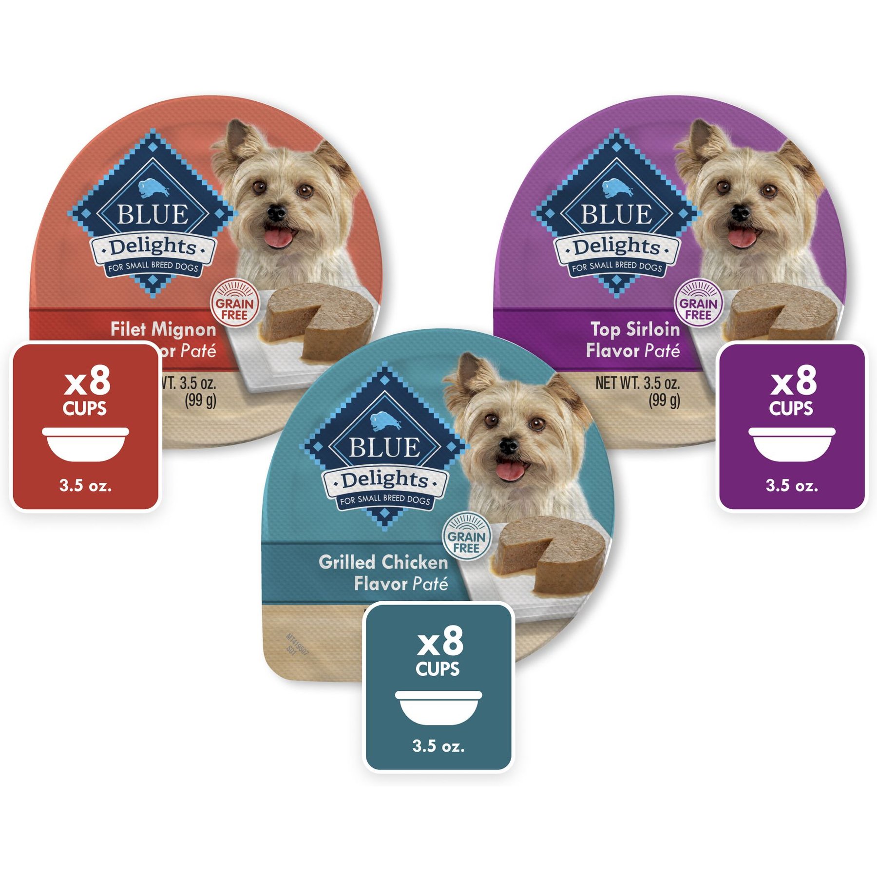 Blue Buffalo Delights Grain-Free Chicken, Top Sirloin & Filet Mignon Variety Pack Adult Small Breed Pate Wet Dog Food, 3.5-oz can, case of 24