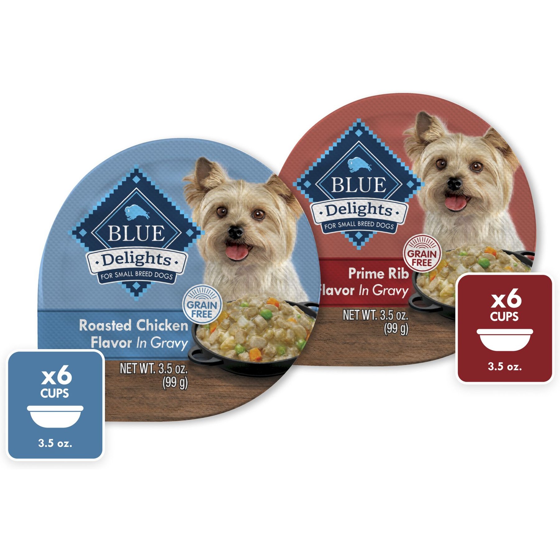 Blue Buffalo Delights Natural Adult Small Breed Wet Dog Food, Variety Pack, Chicken & Prime Rib Cuts in Gravy 3.5-oz cups, case of 12