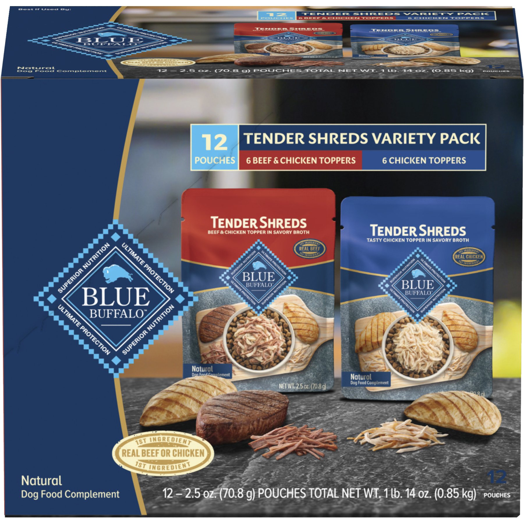 Blue Buffalo Tender Shreds Variety Pack Tasty Beef & Chicken Topper Wet Dog Food, 2.5-oz bag, 12 count