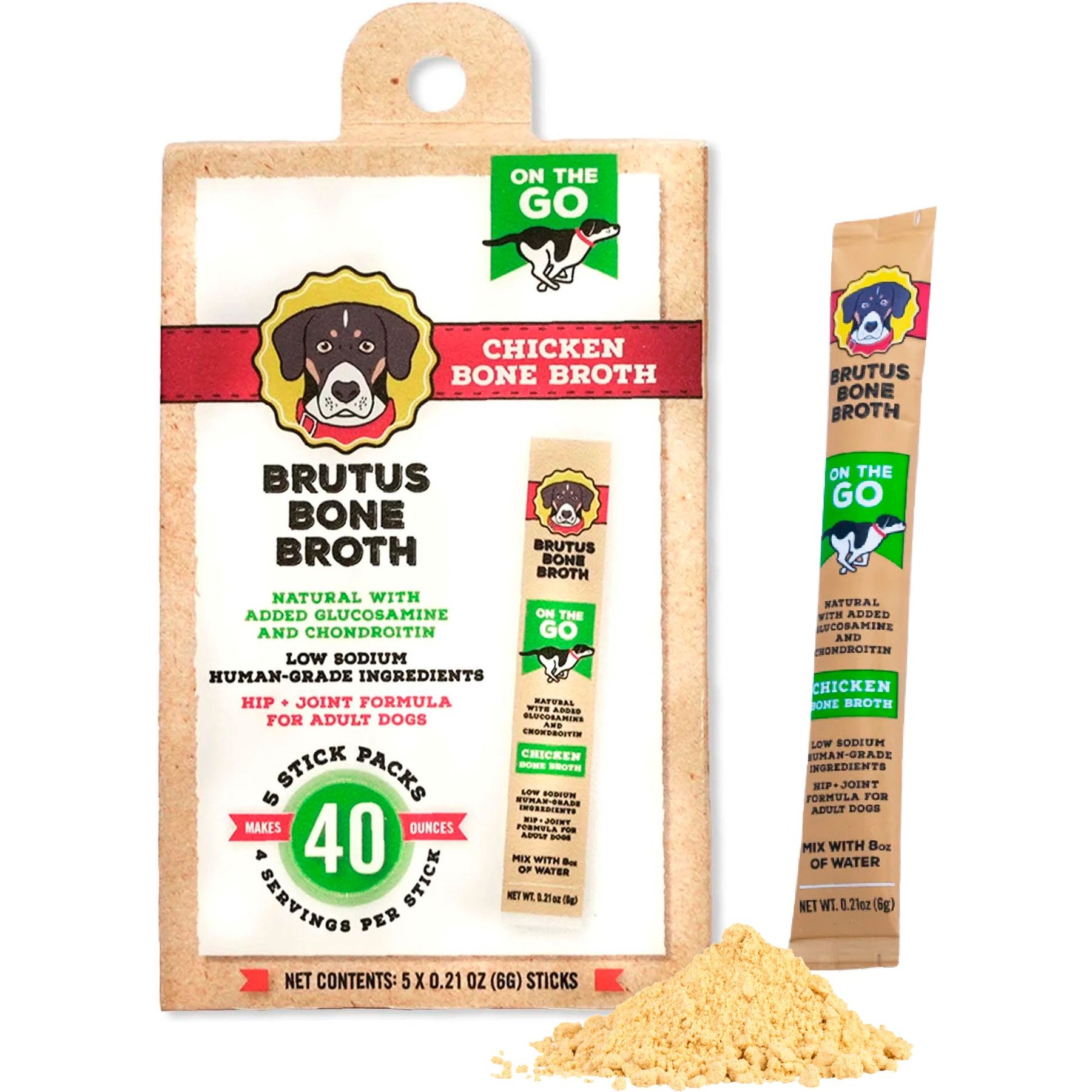 Brutus Broth Chicken Bone Broth Powder Hip & Joint with Glucosamine On-the-Go Dog Food Topper, 5 count