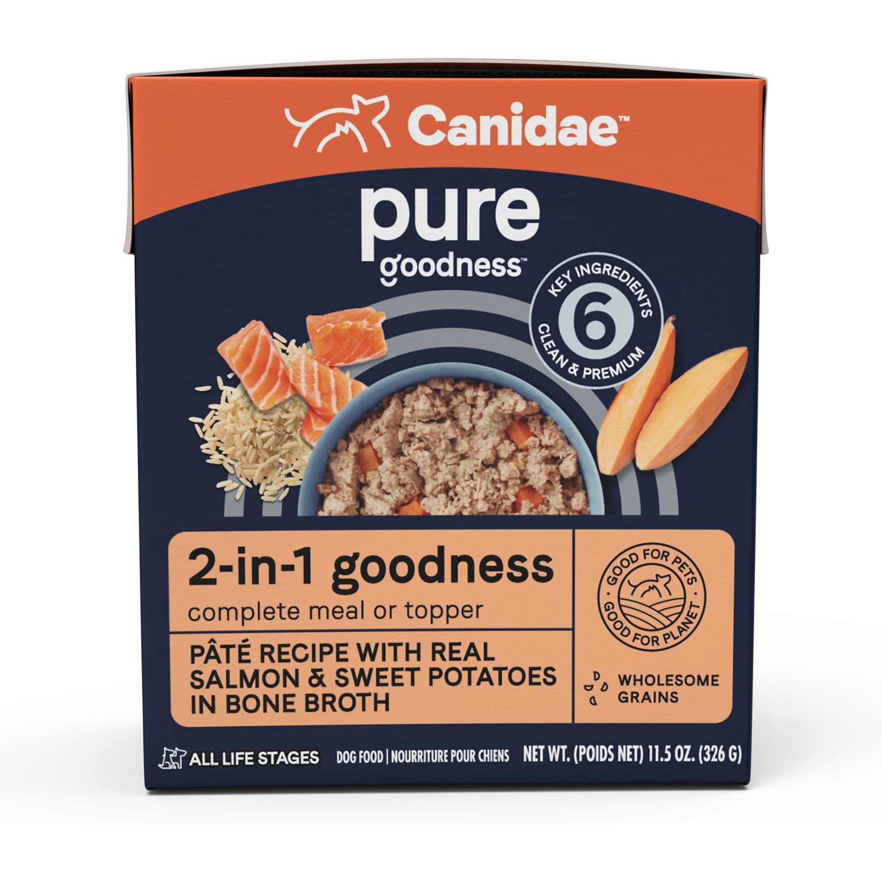 CANIDAE PURE 2-in-1 Goodness Pate Recipe Real Salmon & Sweet Potatoes in Bone Broth Wet Dog Food, 11.5-oz box, case of 6