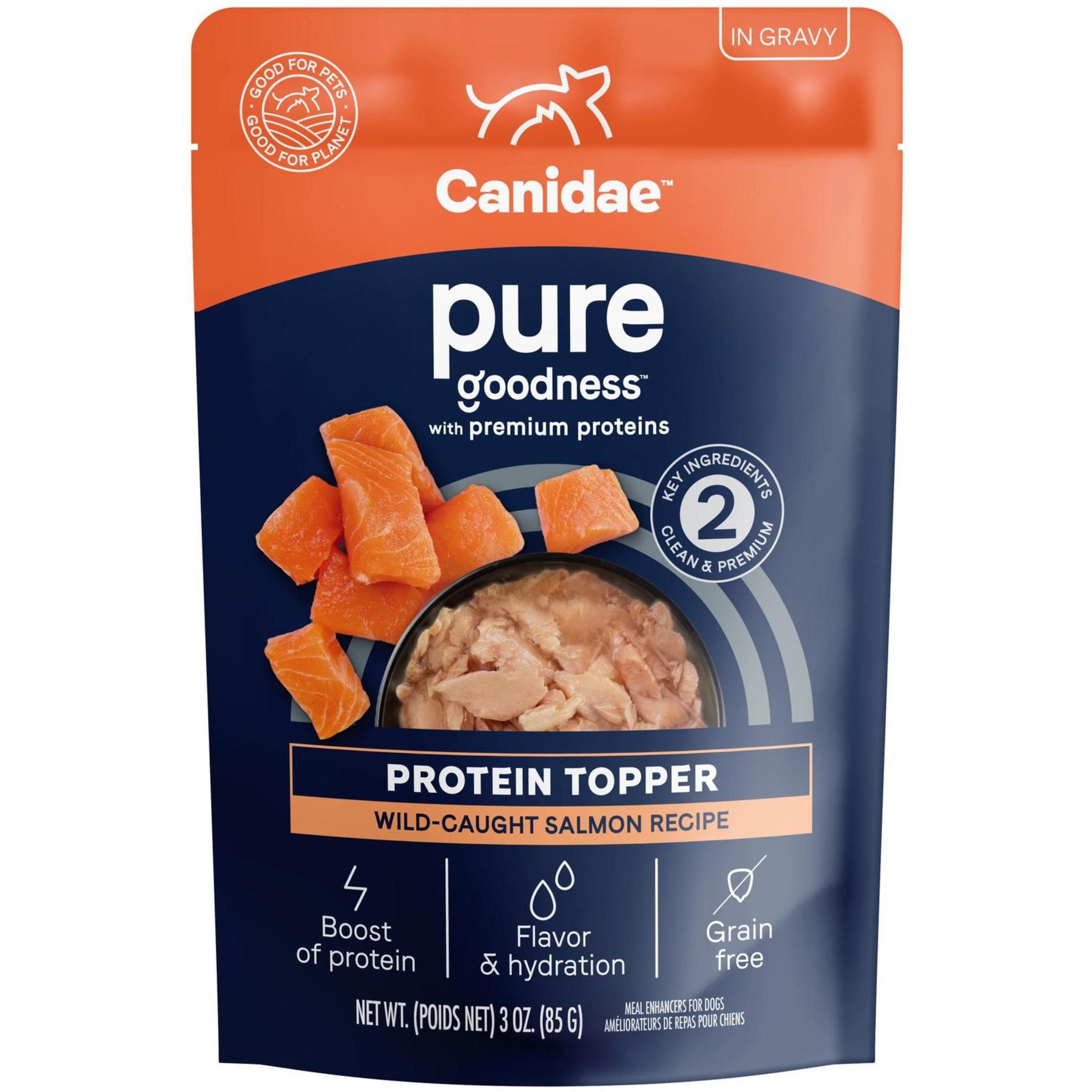 CANIDAE Pure Protein Wild-Caught Salmon Recipe in Gravy Grain-Free Wet Dog Food Topper, 3-oz pouch, case of 12