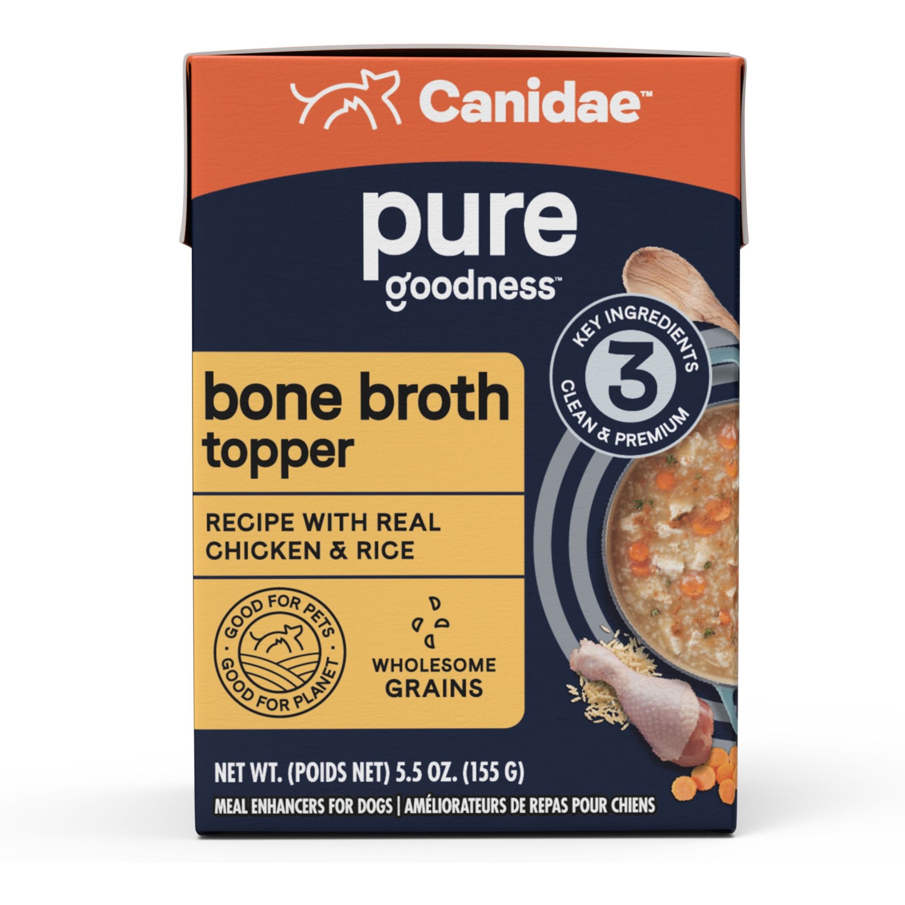 CANIDAE PURE Real Chicken & Rice Bone Broth Wet Dog Food Topper, 5.5-oz box, case of 6