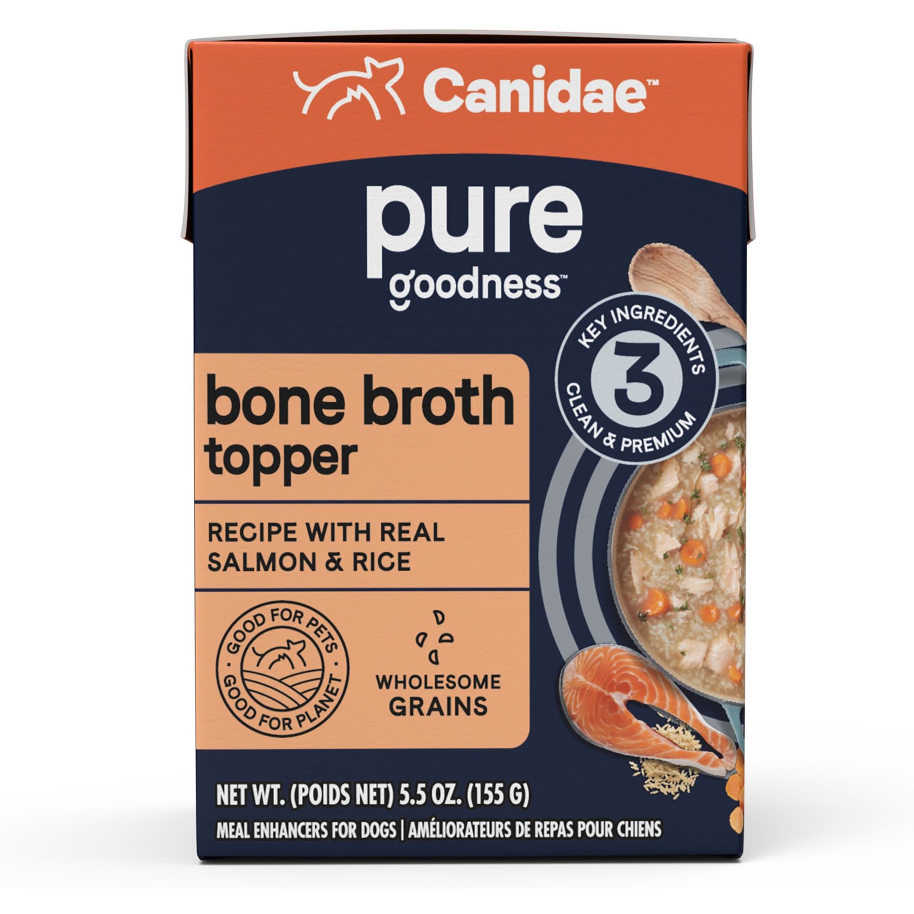 CANIDAE PURE Real Salmon & Rice Bone Broth Wet Dog Food Topper, 5.5-oz box, case of 6