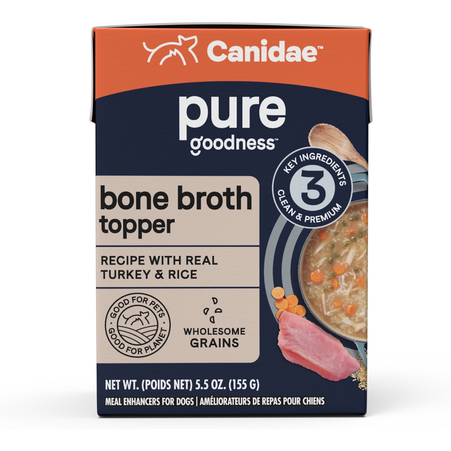 CANIDAE PURE Real Turkey & Rice Bone Broth Wet Dog Food Topper, 5.5-oz box, case of 6