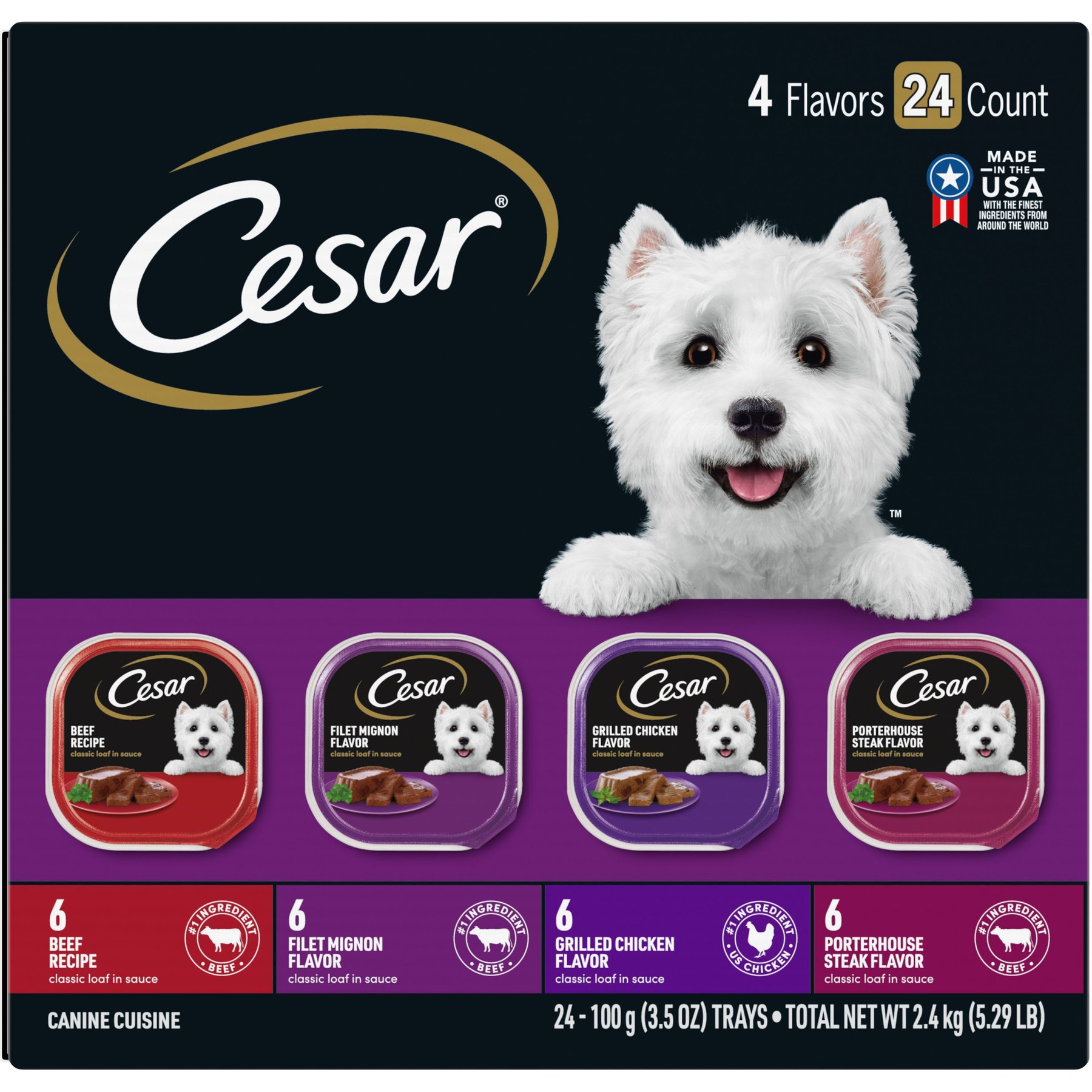 Cesar Classic Loaf in Sauce Beef Recipe, Filet Mignon, Grilled Chicken & Porterhouse Steak Flavors Variety Pack Grain-Free Small Breed Adult Wet Dog Food Trays