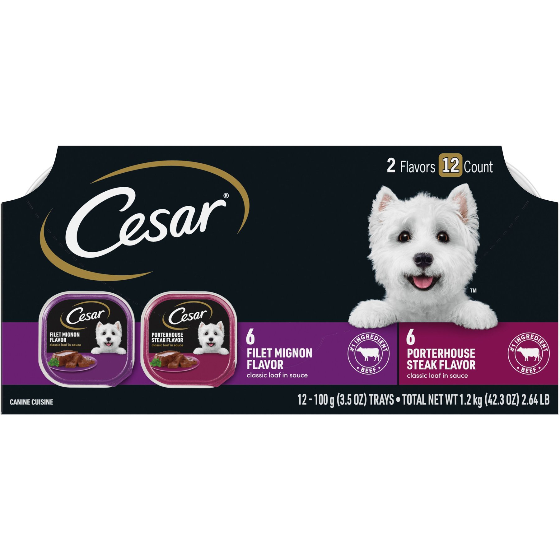 Cesar Classic Loaf in Sauce Filet Mignon & Porterhouse Steak Flavors Variety Pack Grain-Free Small Breed Adult Wet Dog Food Trays