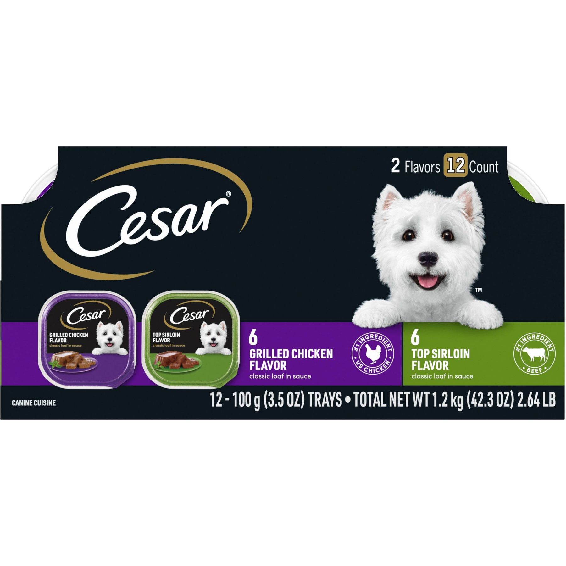 Cesar Classic Loaf in Sauce Top Sirloin & Grilled Chicken Flavors Variety Pack Grain-Free Small Breed Adult Wet Dog Food Trays