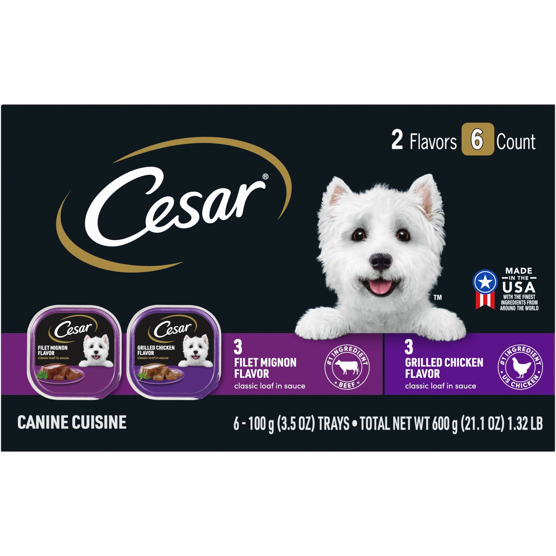 Cesar Classic Loaf in Sauce Variety Pack Adult Filet Mignon & Grilled Chicken Wet Dog Food Trays, 3.5-oz, 6 count