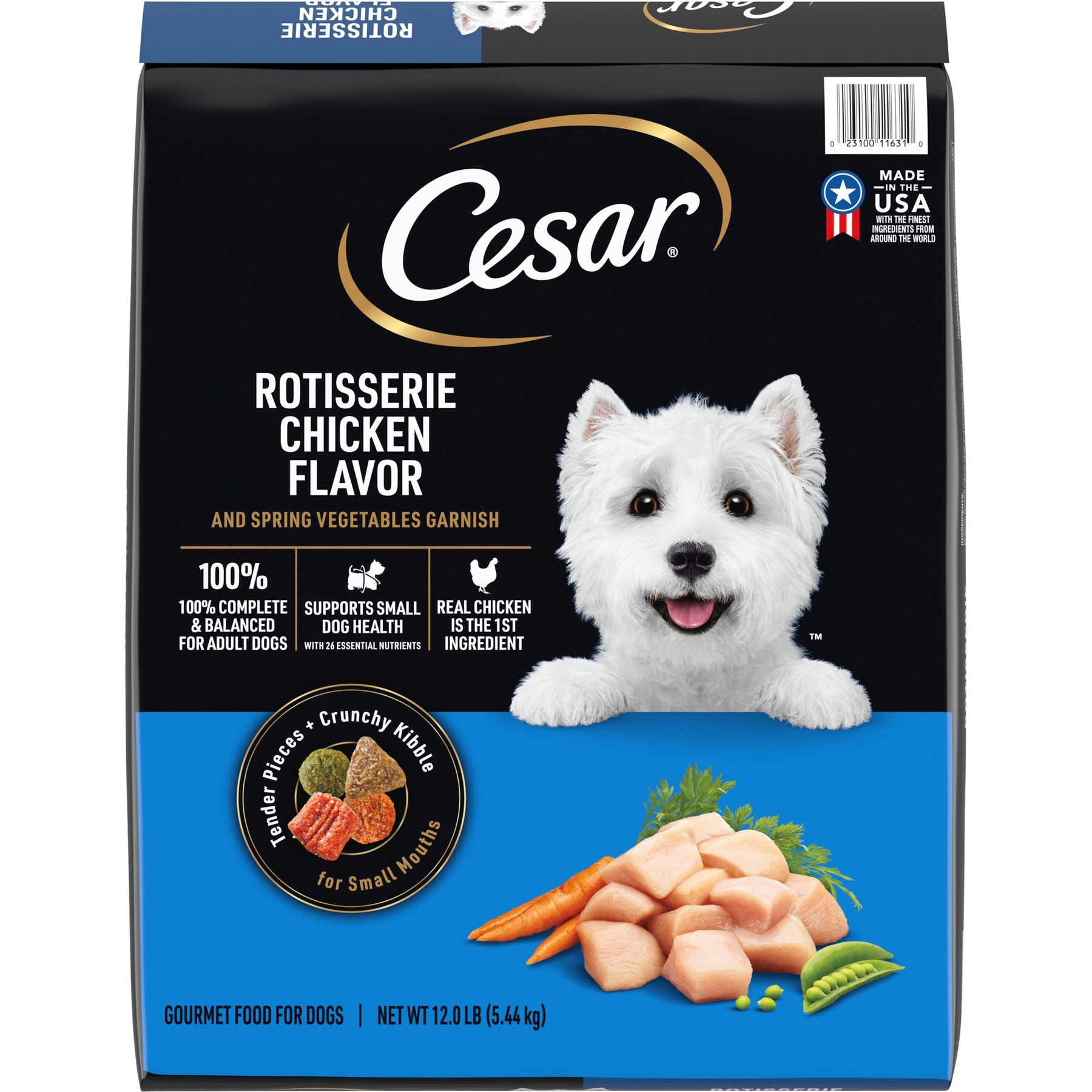 Cesar Cesar Rotisserie Chicken Flavor & Spring Vegetables Garnish Small Breed Dry Dog Food dog food package