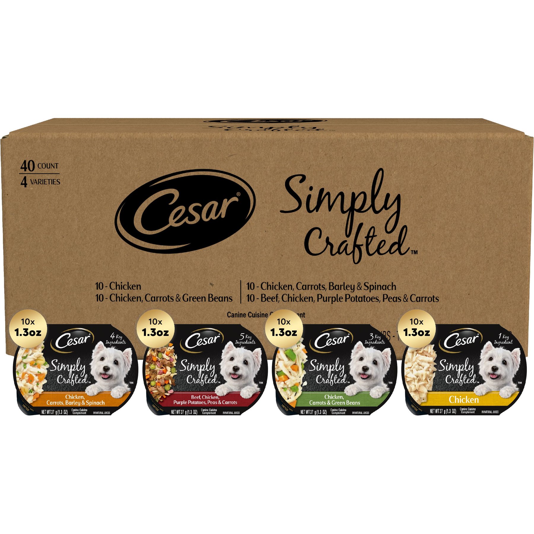 Cesar Simply Crafted Multipack Adult Chicken & Beef Recipes Shredded Wet Dog Food, 1.3-oz tray, 40 count
