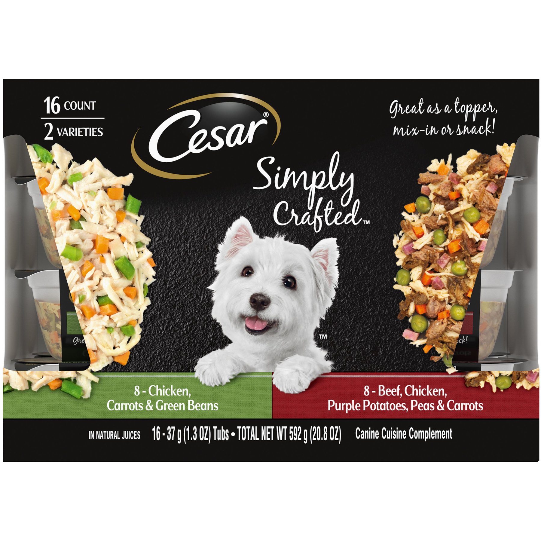 Cesar Simply Crafted Variety Pack Chicken, Carrots & Green Beans & Beef, Chicken, Purple Potatoes, Peas & Carrots Wet Dog Food Topper, 1.3-oz can, 16 count