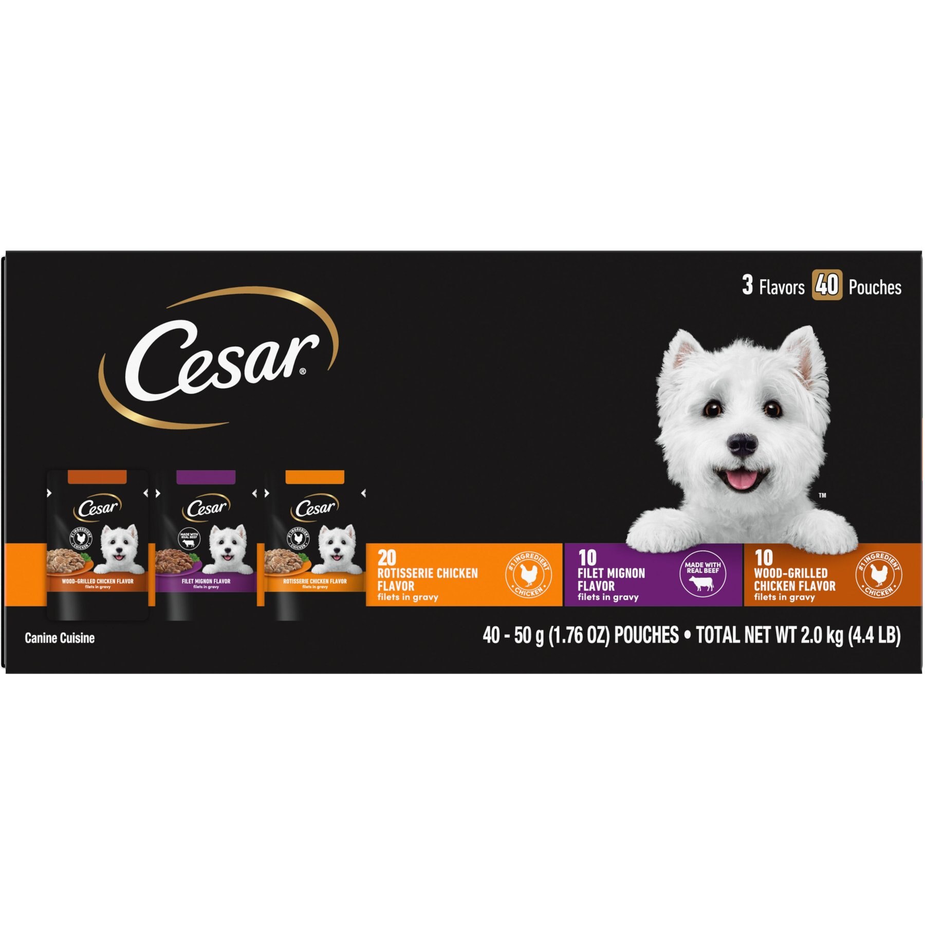 Cesar Variety Pack Filet Mignon, Rotisserie Chicken, & Wood-Grilled Chicken Flavor Filets in Gravy Wet Dog Food, 1.76-oz mini-pouch, case of 40