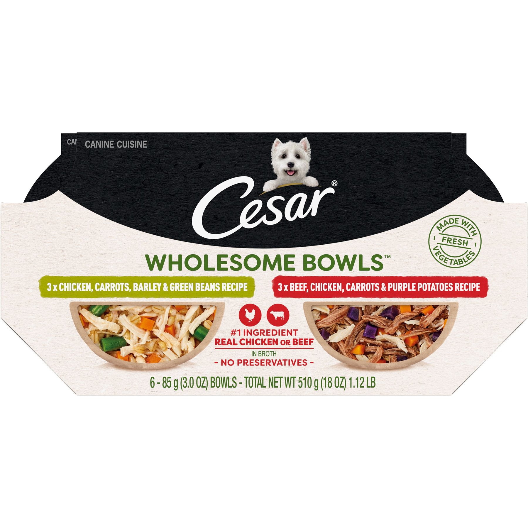 Cesar Wholesome Bowls Chicken, Carrots, Barley, Green Beans & Beef, Chicken, Carrots, Potatoes Variety Pack Small Breed Adult Wet Dog Food