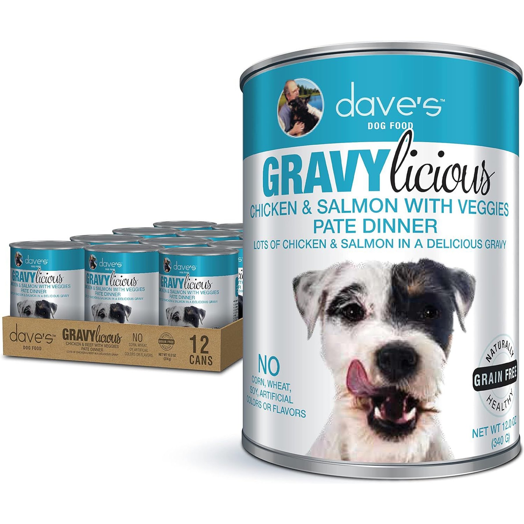 Dave's Pet Food Gravylicious Chicken & Salmon Veggies Grain-Free Pate Wet Canned Dog Food, 12-oz can, case of 12