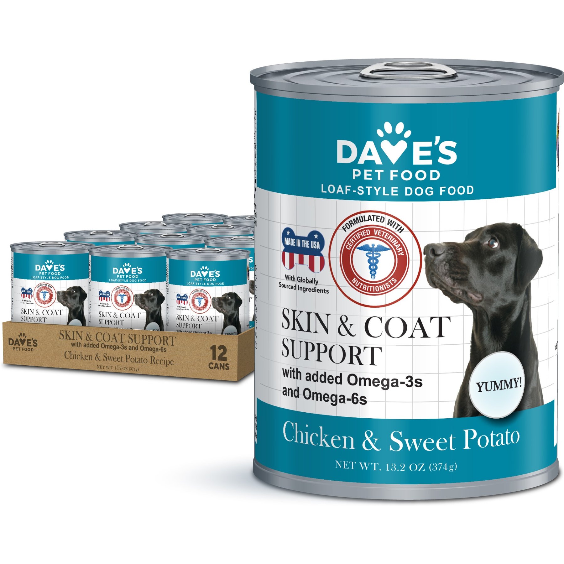Dave's Pet Food Skin & Coat Support Chicken & Sweet Potato Recipe Pate Wet Canned Dog Food, 13.2-oz can, case of 12