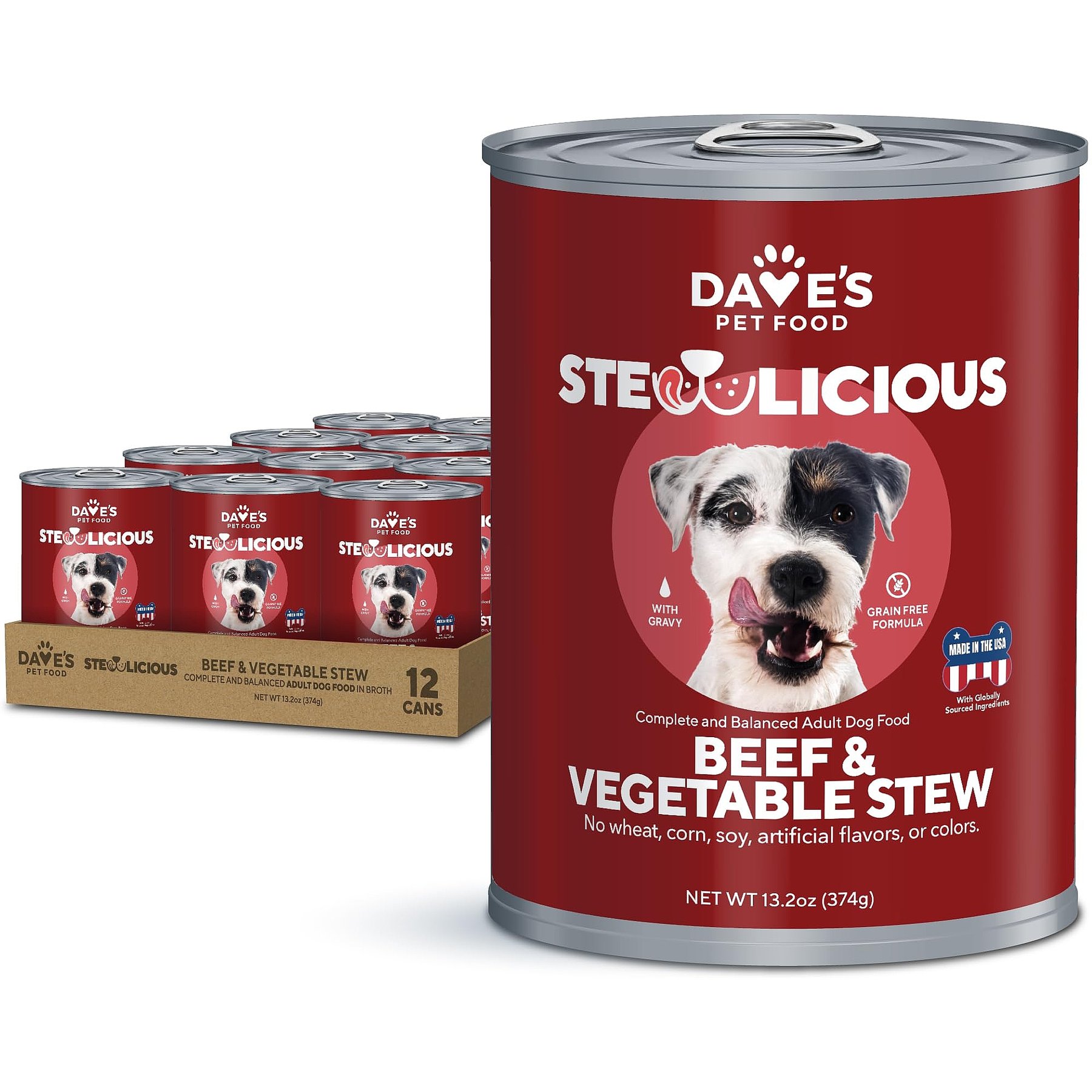 Dave's Pet Food Stewlicious Beef & Vegetable Stew. Grain-Free Canned Wet Dog Food, 13.2-oz, case of 12