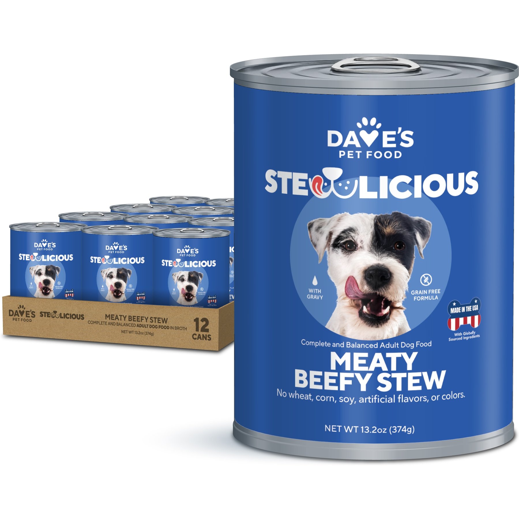 Dave's Pet Food Dave's Pet Food Stewlicious Meaty Beefy Stew, Grain-Free Canned Wet Dog Food, 13.2-oz can, case of 12 dog food package