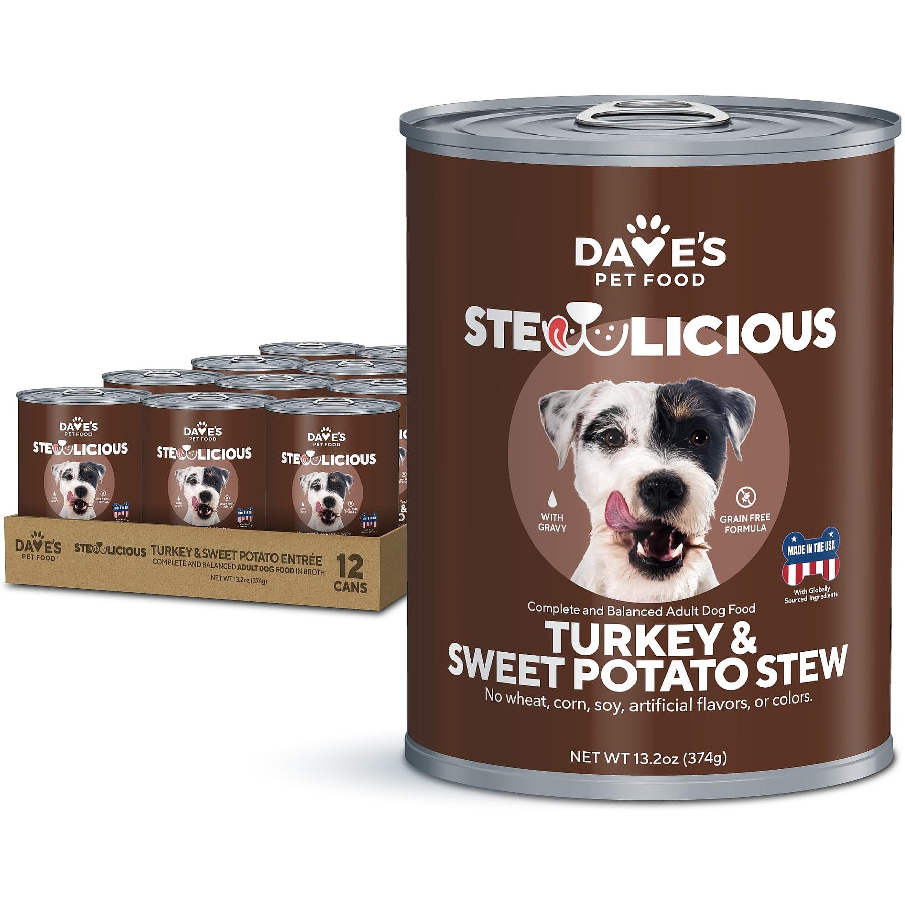 Dave's Pet Food Stewlicious Turkey & Sweet Potato Stew, Grain-Free Canned Wet Dog Food, 13.2-oz, case of 12