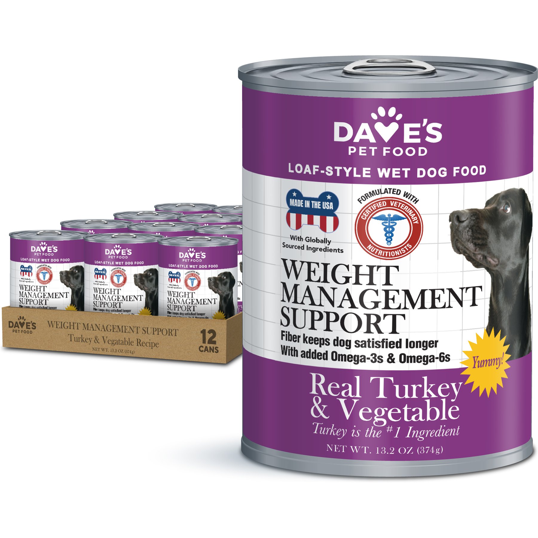Dave's Pet Food Weight Management Turkey & Vegetables Recipe Pate Wet Canned Dog Food, 13.2-oz can, case of 12
