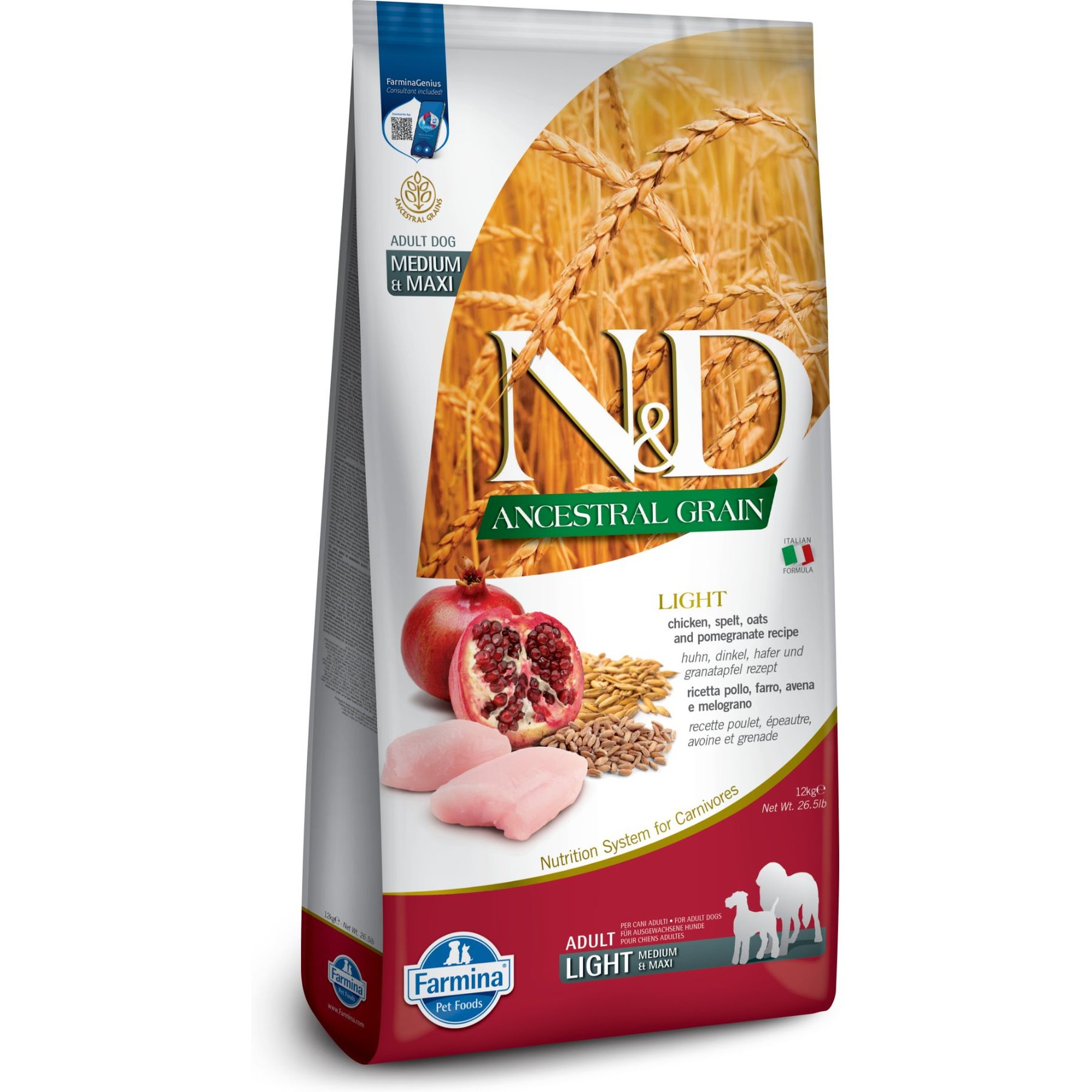 Farmina N&D Ancestral Grain Chicken & Pomegranate Recipe Medium & Maxi Adult Light Dry Dog Food