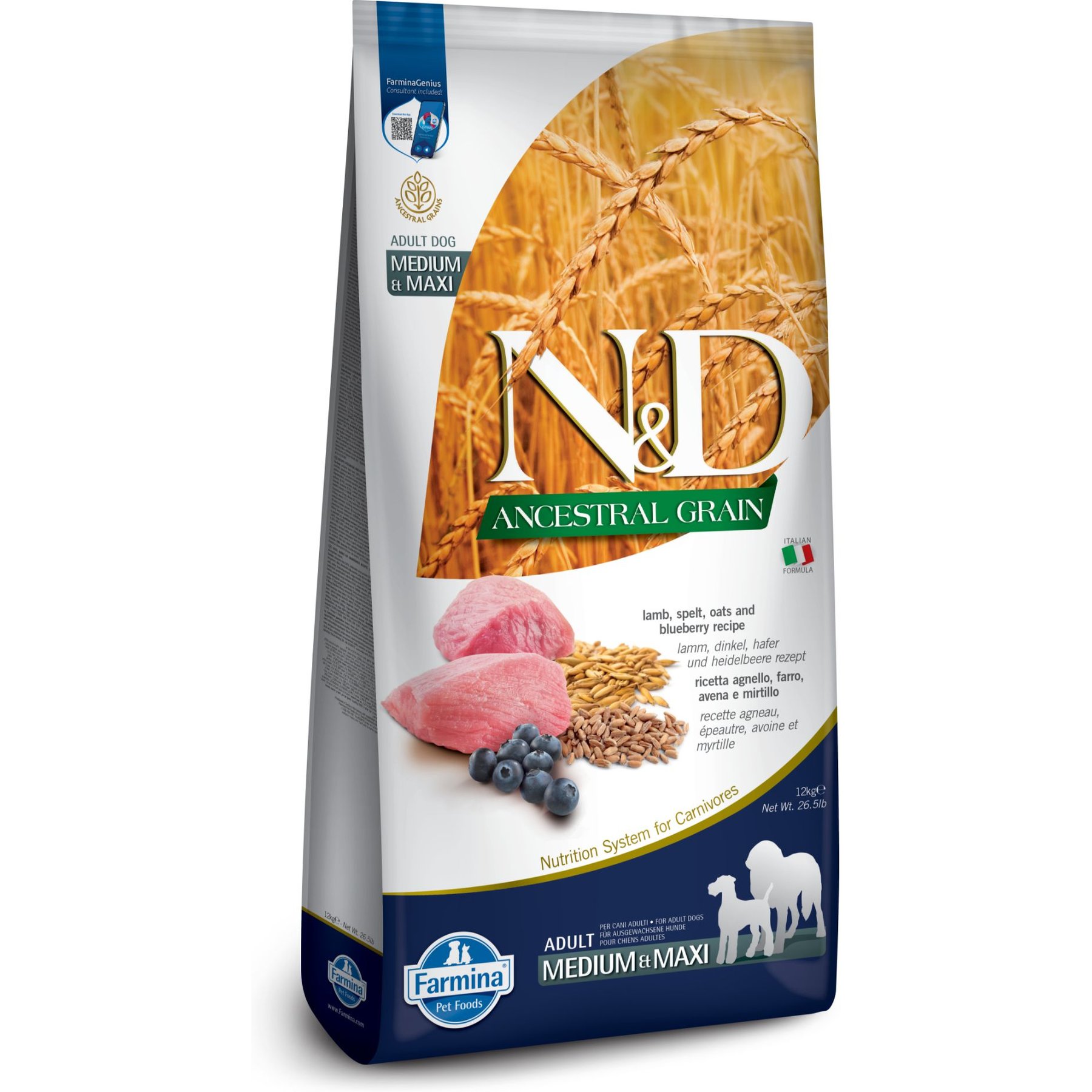 Farmina N&D Ancestral Grain Lamb & Blueberry Medium & Maxi Adult Dry Dog Food