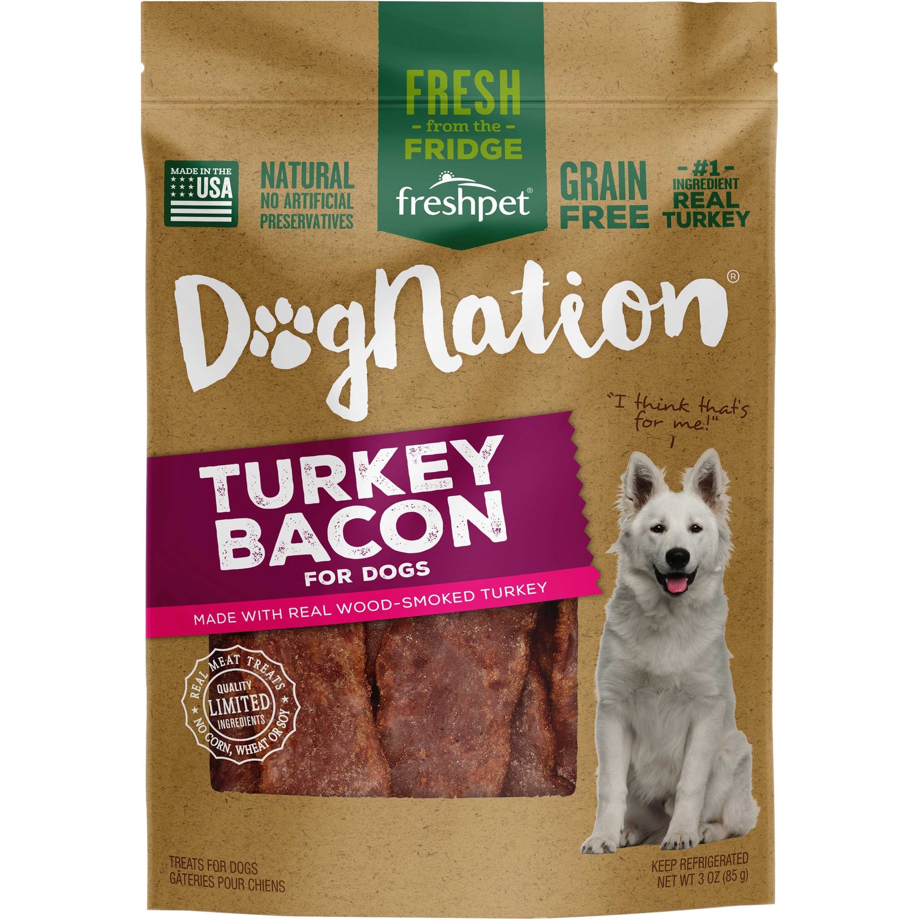 Freshpet Dognation Turkey Bacon Grain-Free Fresh Dog Treats, 3-oz bag, case of 6