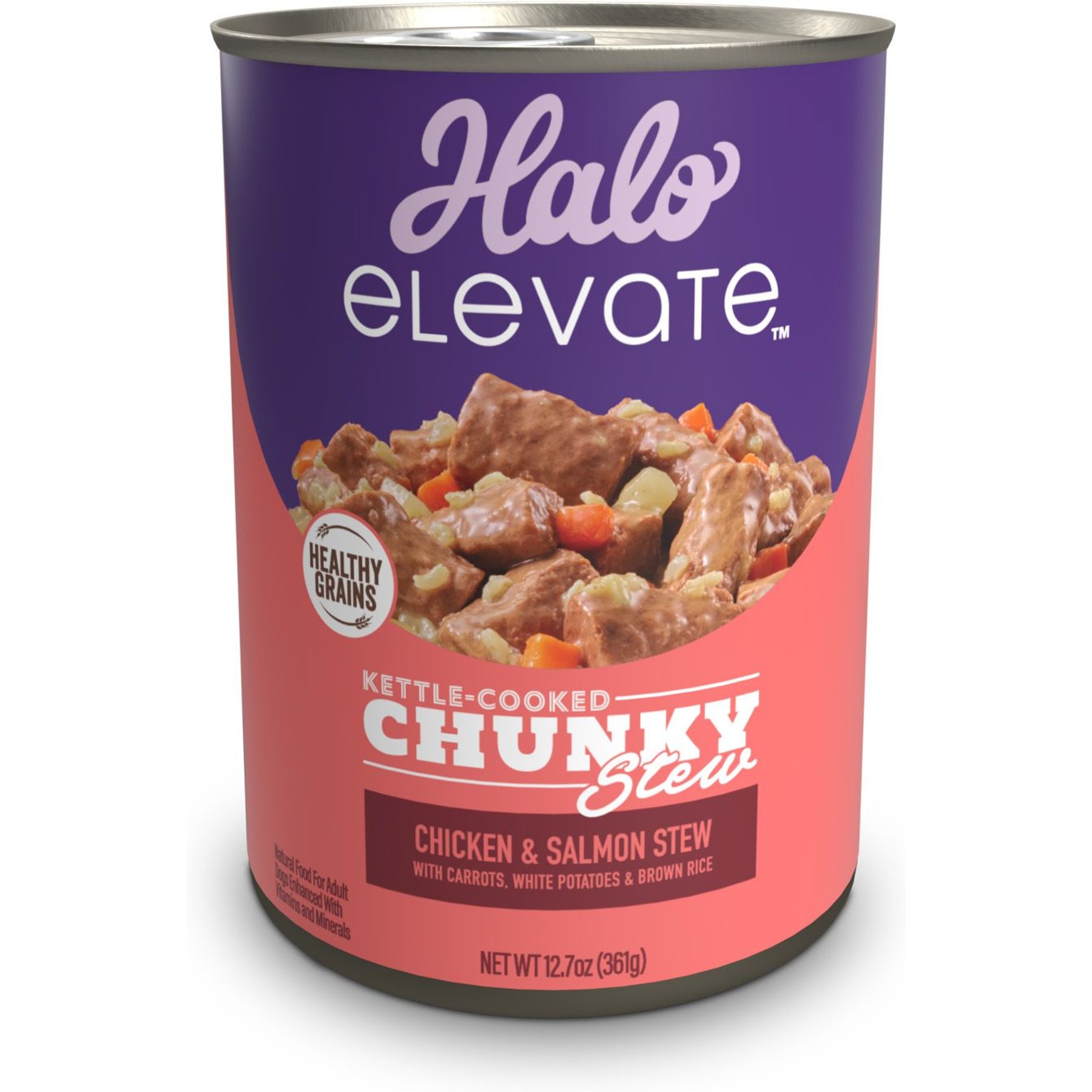 Halo Elevate Kettle Cooked Chunky Healthy Grains Chicken & Salmon Stew with Carrots, White Potatoes & Brown Rice Wet Dog Food, 12.7-oz can, case of 6
