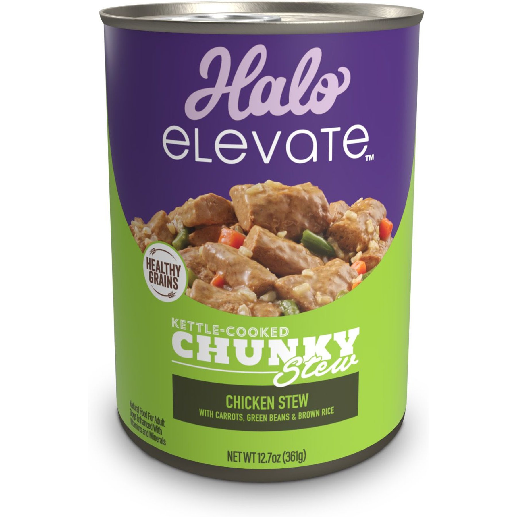 Halo Elevate Kettle Cooked Chunky Healthy Grains Chicken Stew with Carrots, Green Beans & Brown Rice Wet Dog Food, 12.7-oz can, case of 6