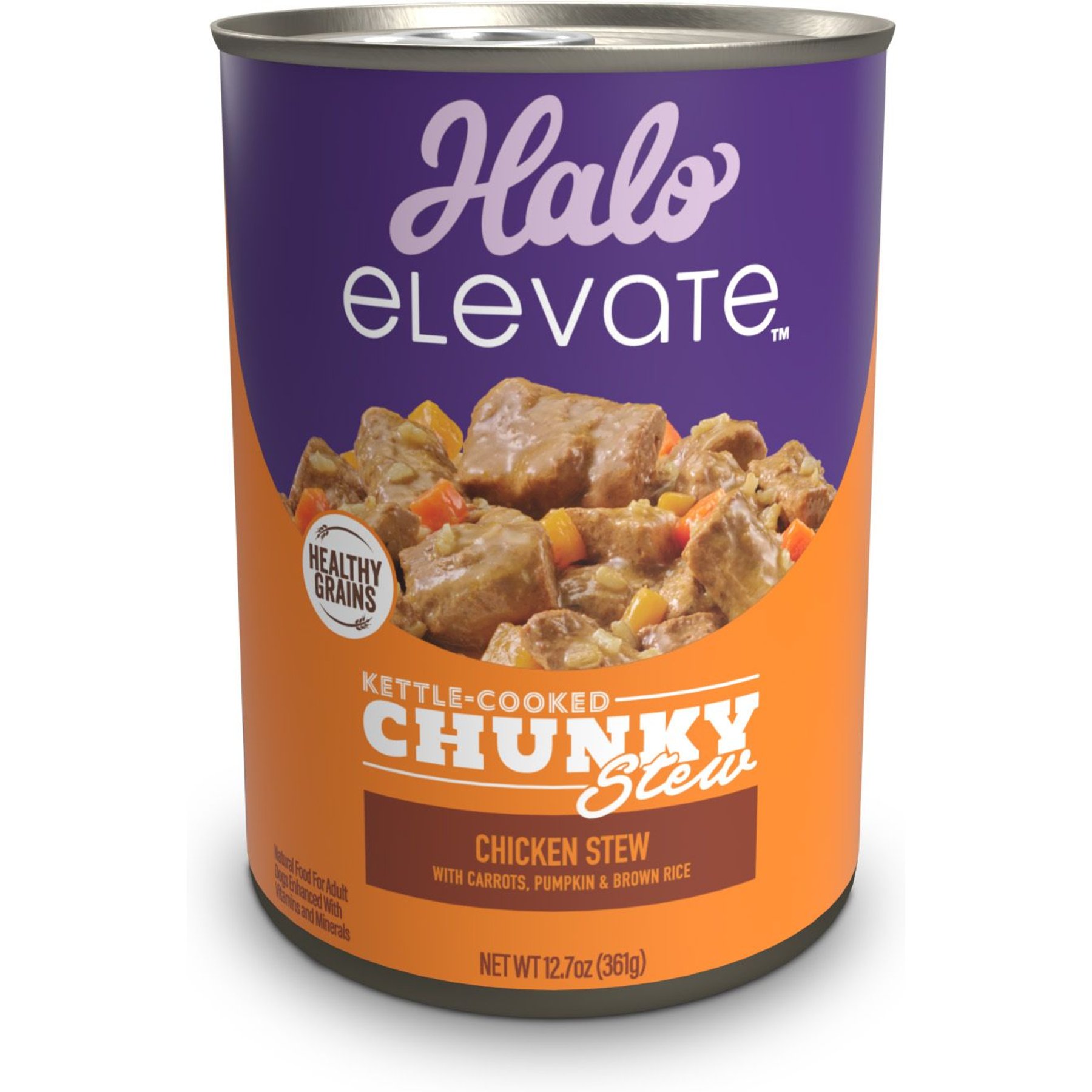 Halo Elevate Kettle Cooked Chunky Healthy Grains Chicken Stew with Carrots, Pumpkin & Brown Rice Wet Dog Food, 12.7-oz can, case of 6