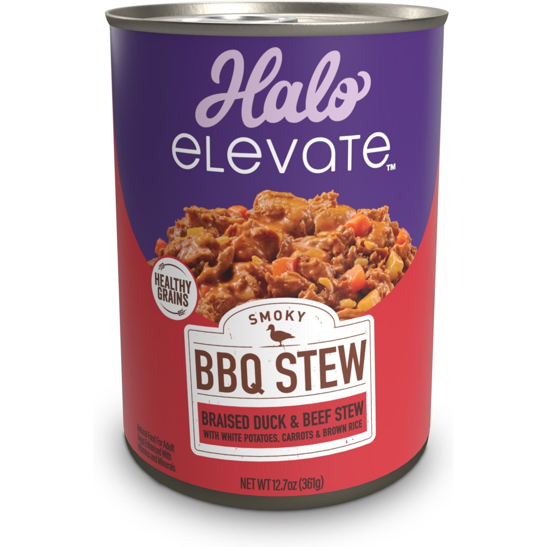 Halo Elevate Smoky BBQ Braised Duck & Beef Stew with White Potatoes, Carrots & Brown Rice Wet Dog Food, 12.7-oz can, case of 6