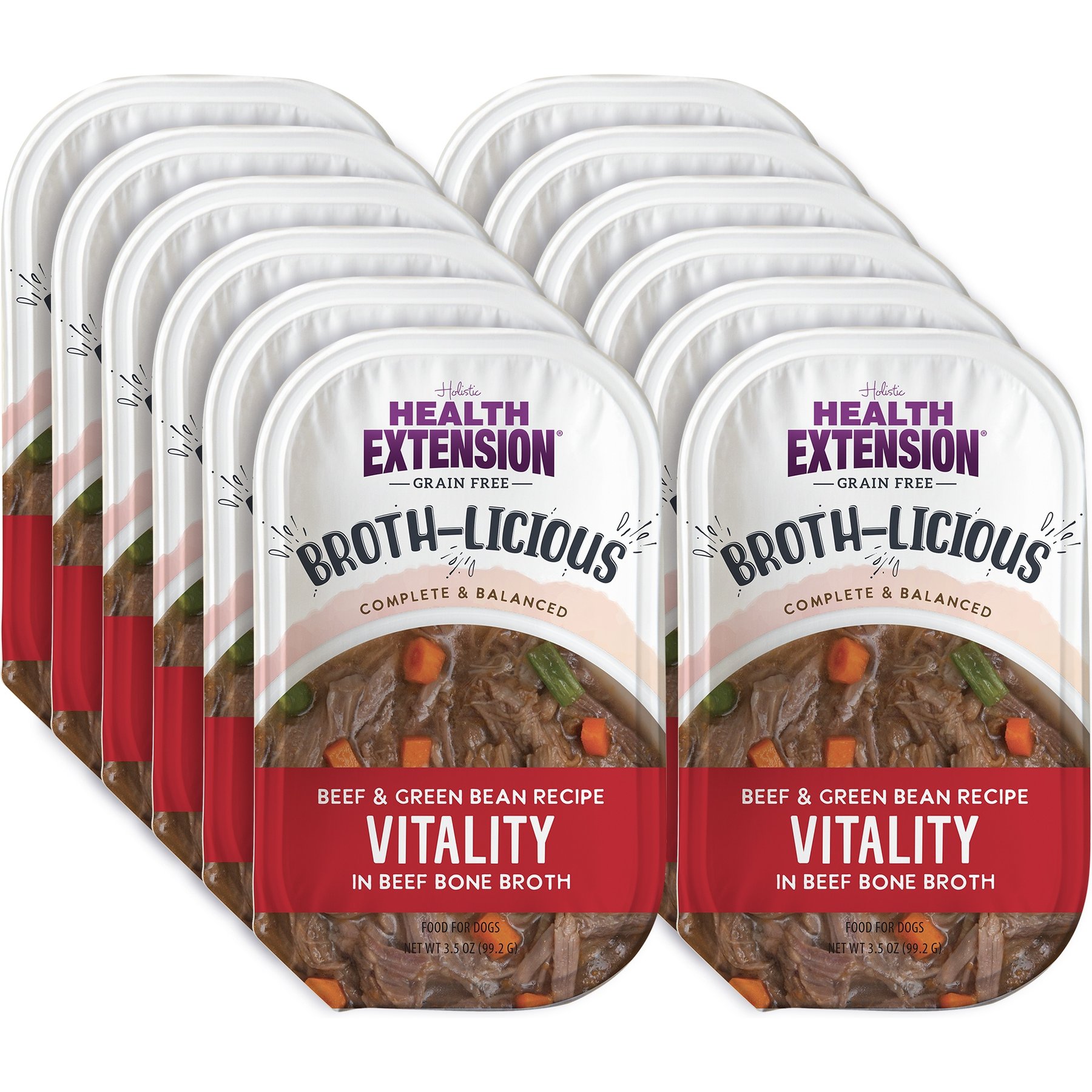 Health Extension Broth-Licious Vitality Grain-Free Beef & Green Bean in Beef Bone Broth Wet Dog Food, 3.5-oz tray, case of 12