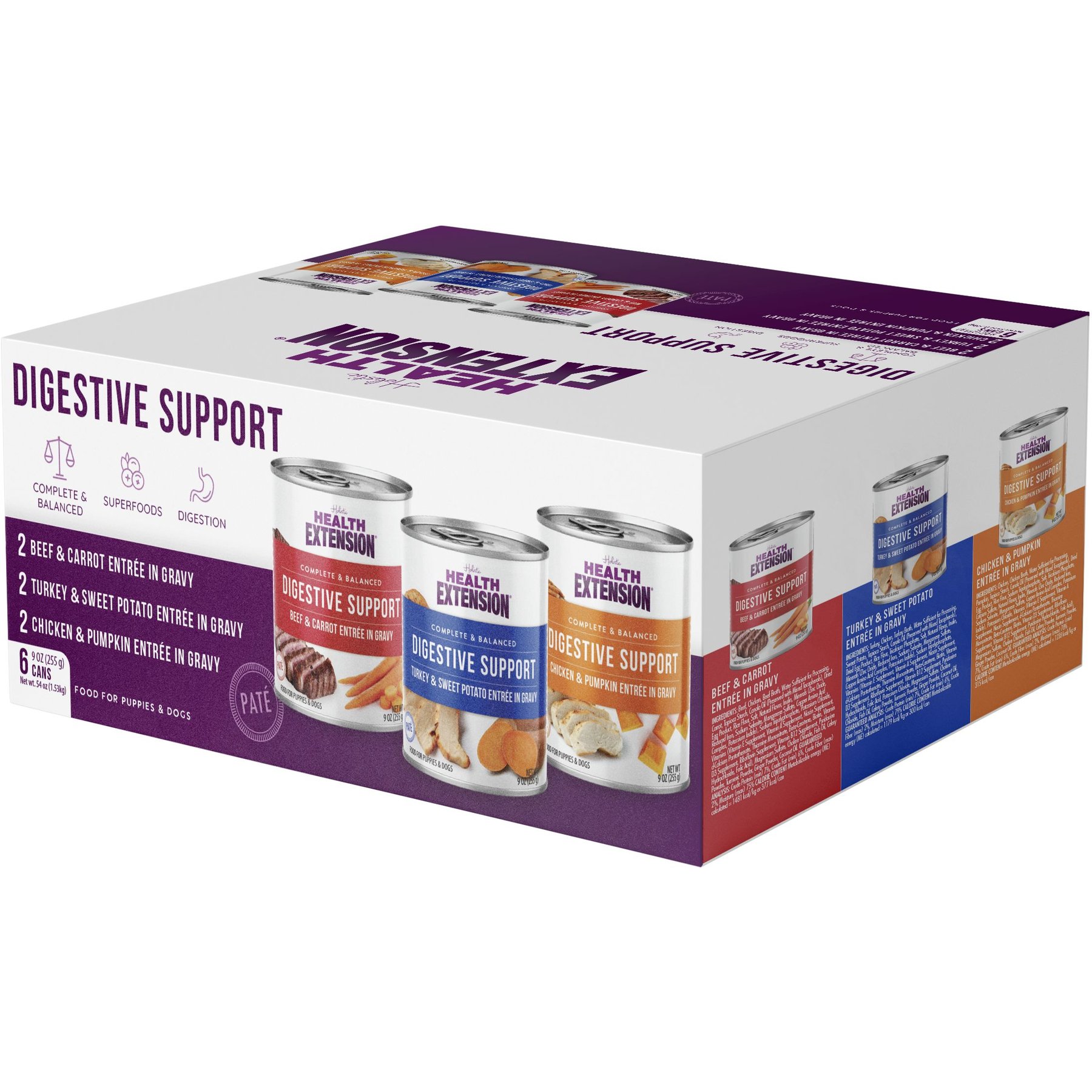Health Extension Digestive Support Variety Pack -Chicken, Beef & Turkey Dog Food, 9-oz can, case of 6
