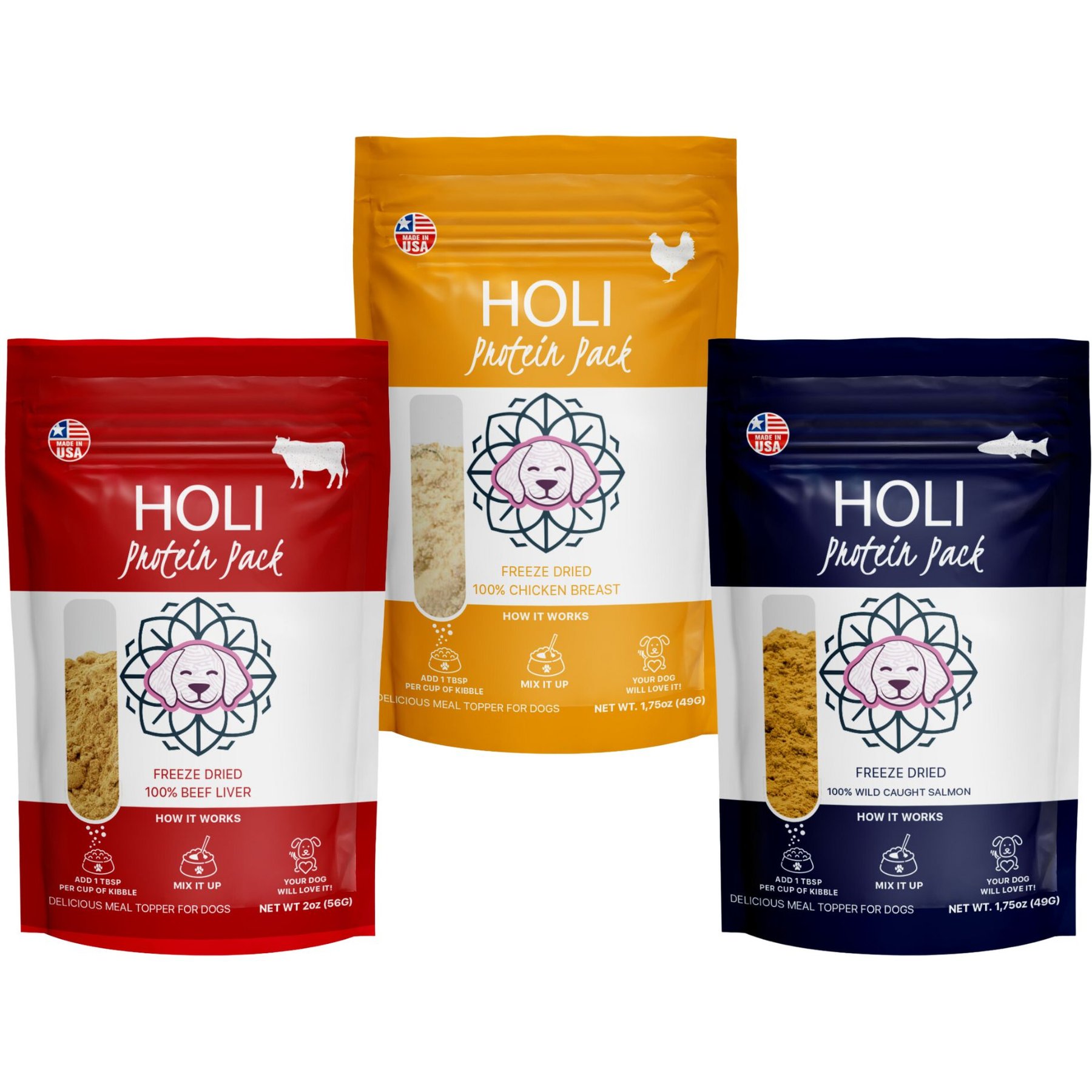 HOLI Topper Variety Pack Beef Liver, Wild Caught Salmon, Chicken Breast Dog & Cat Food topping