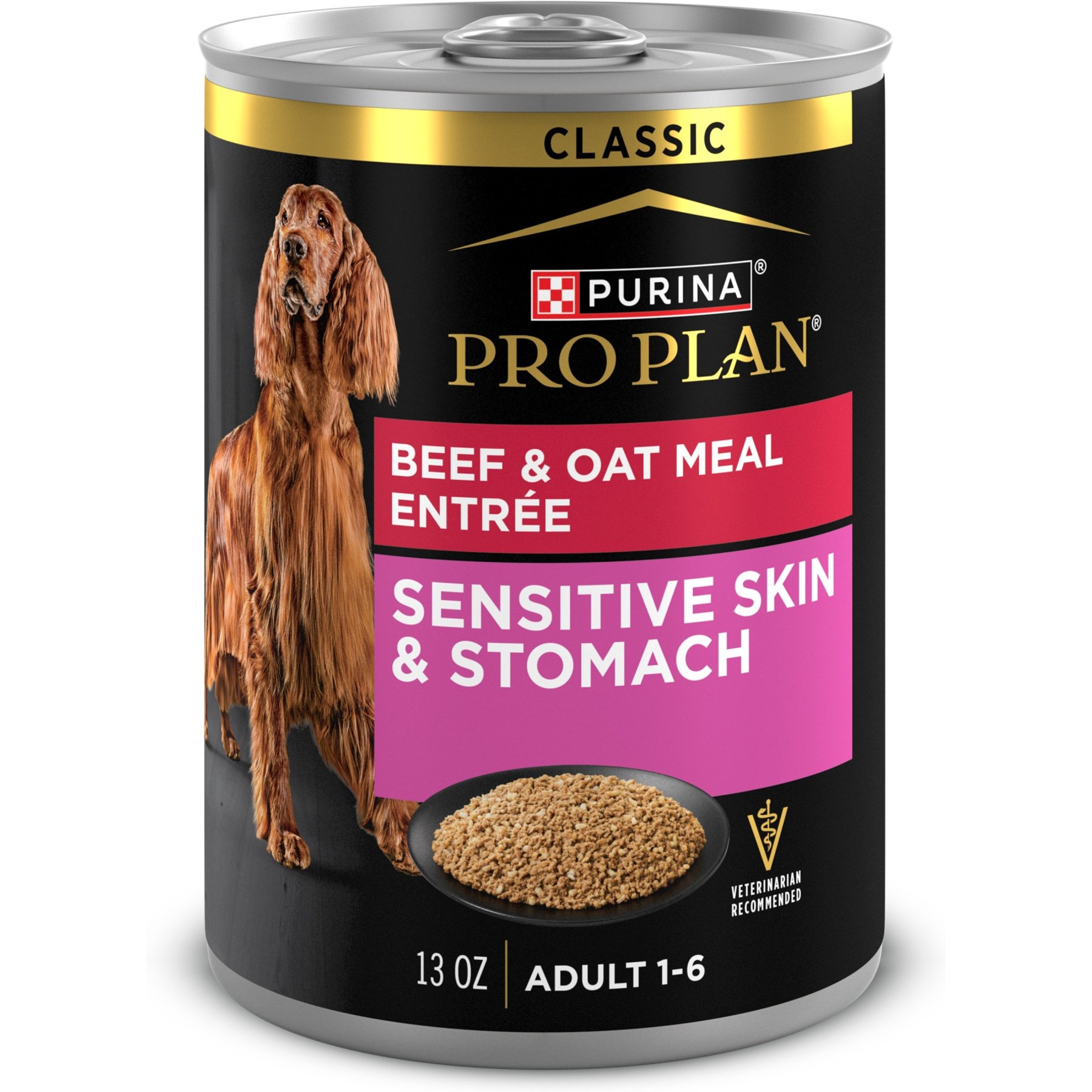 Purina Pro Plan Adult Sensitive Skin & Stomach Beef & Oat Meal Entree Wet Dog Food, 13-oz can, case of 12