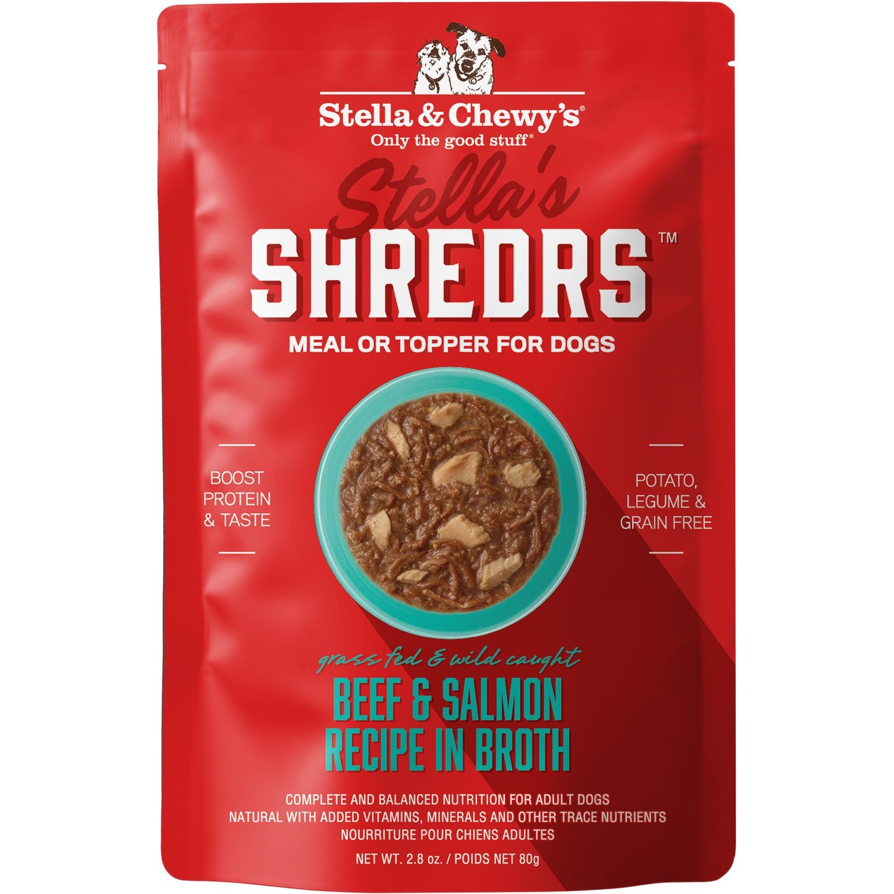 Stella & Chewy's Stella's Shredrs Adult Grain-Free Grass Fed Beef & Wild Caught Salmon Recipe in Broth Wet Dog Food, 2.8-oz pouch, case of 12