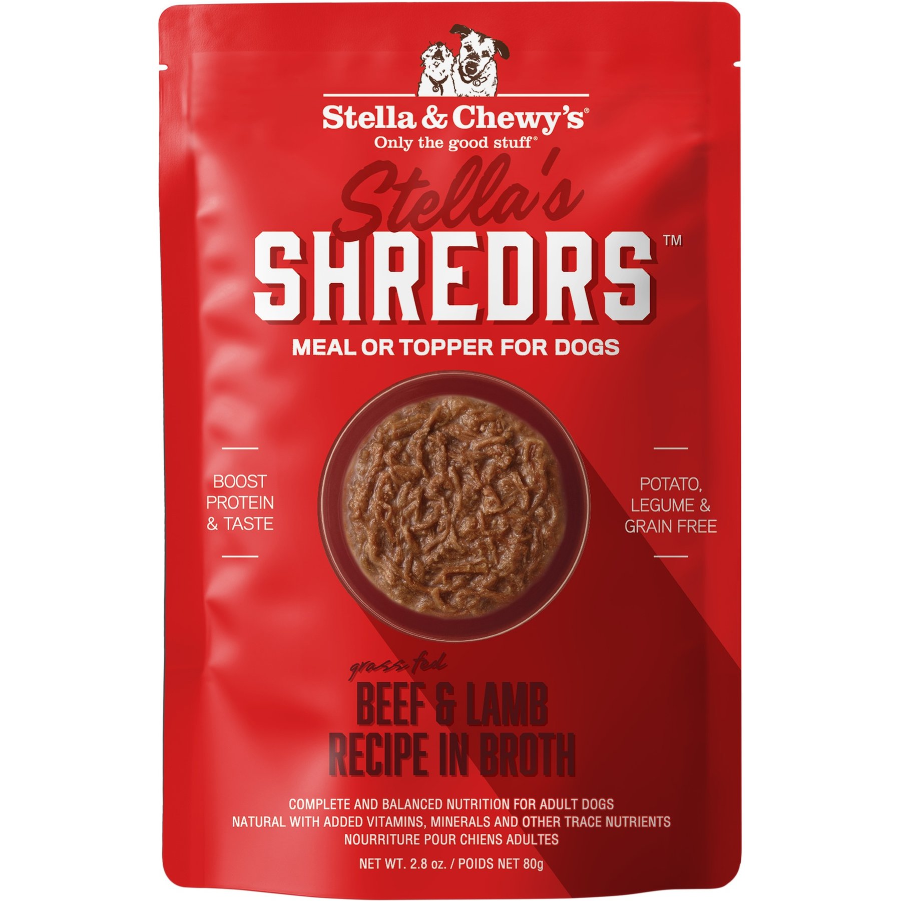 Stella & Chewy's Stella's Shredrs Adult Grain-Free Grass Fed Beef & Lamb Recipe in Broth Wet Dog Food, 2.8-oz pouch, case of 12