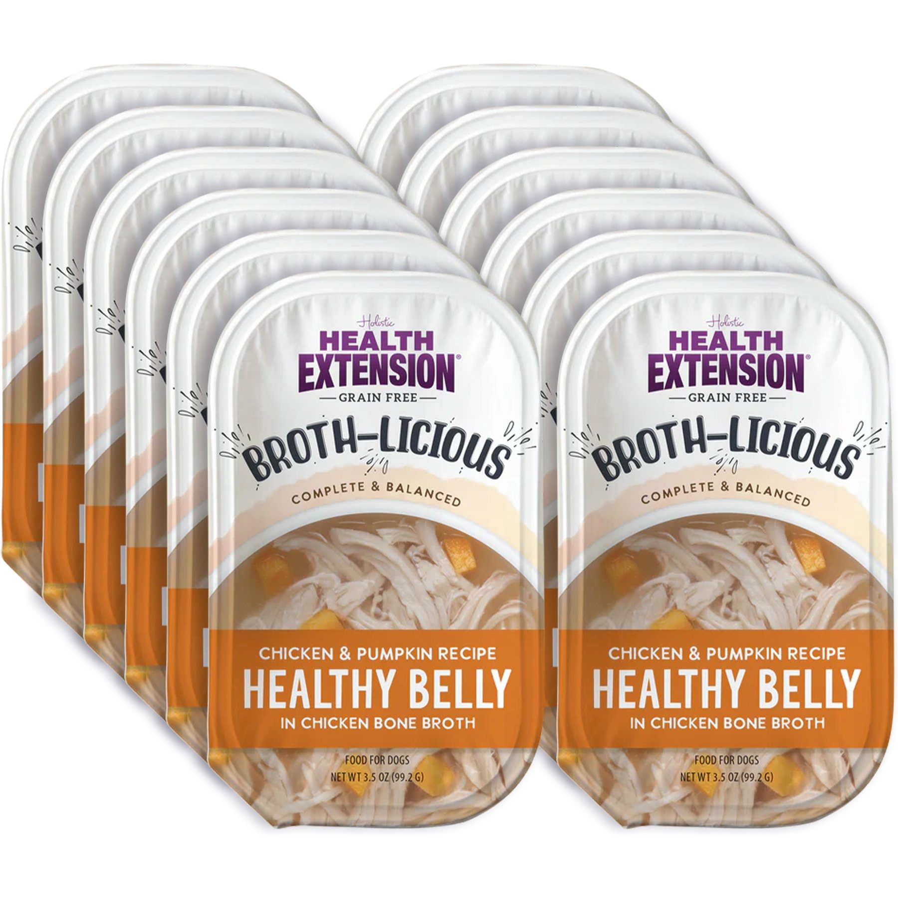 Health Extension Broth-Licious Healthy Belly Grain-Free Chicken & Pumpkin in Chicken Bone Broth Wet Dog Food, 3.5-oz tray, case of 12