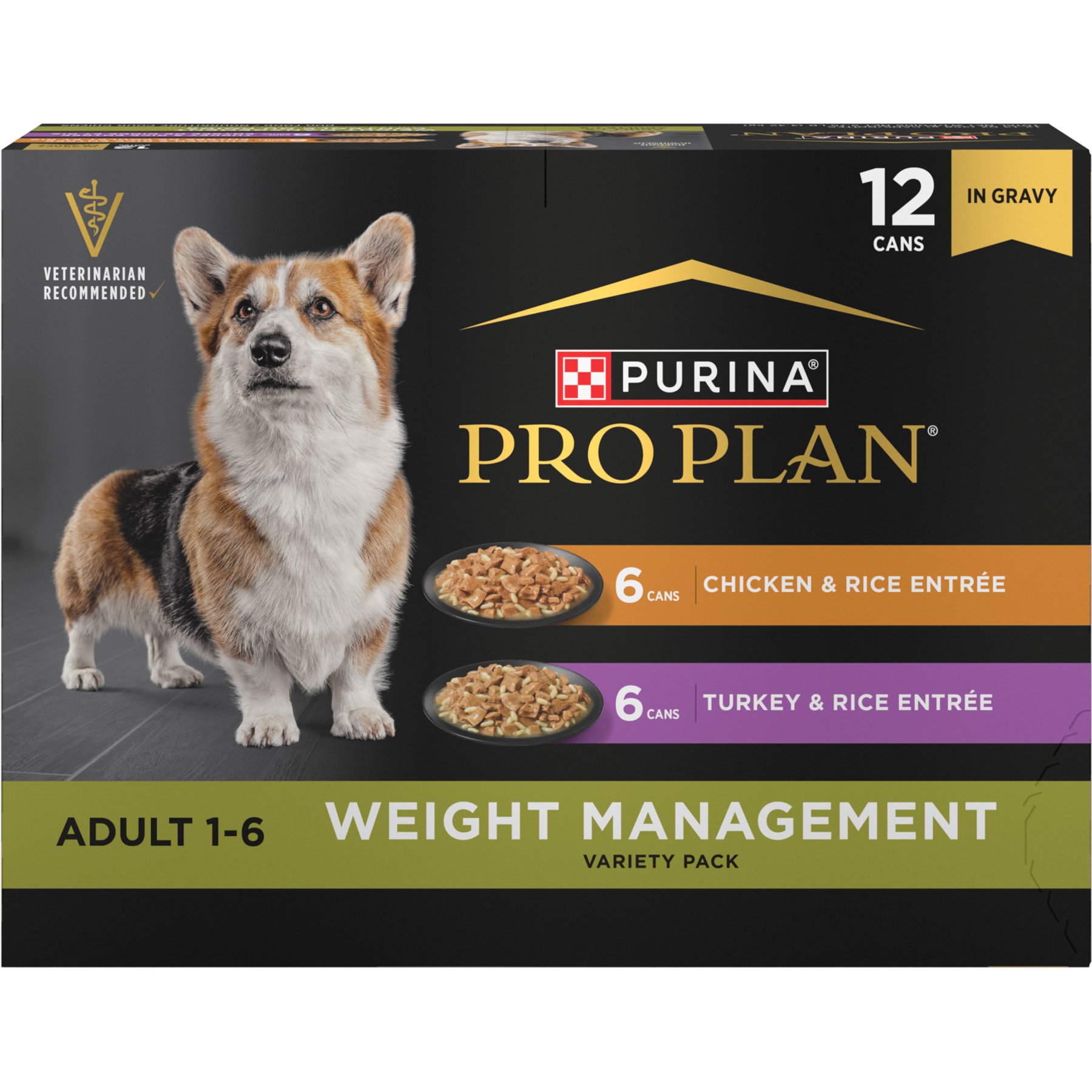 Purina Pro Plan Weight Control Variety Pack Adult High Protein Chicken, Rice & Turkey Canned Dog Food, 13-oz can, case of 12