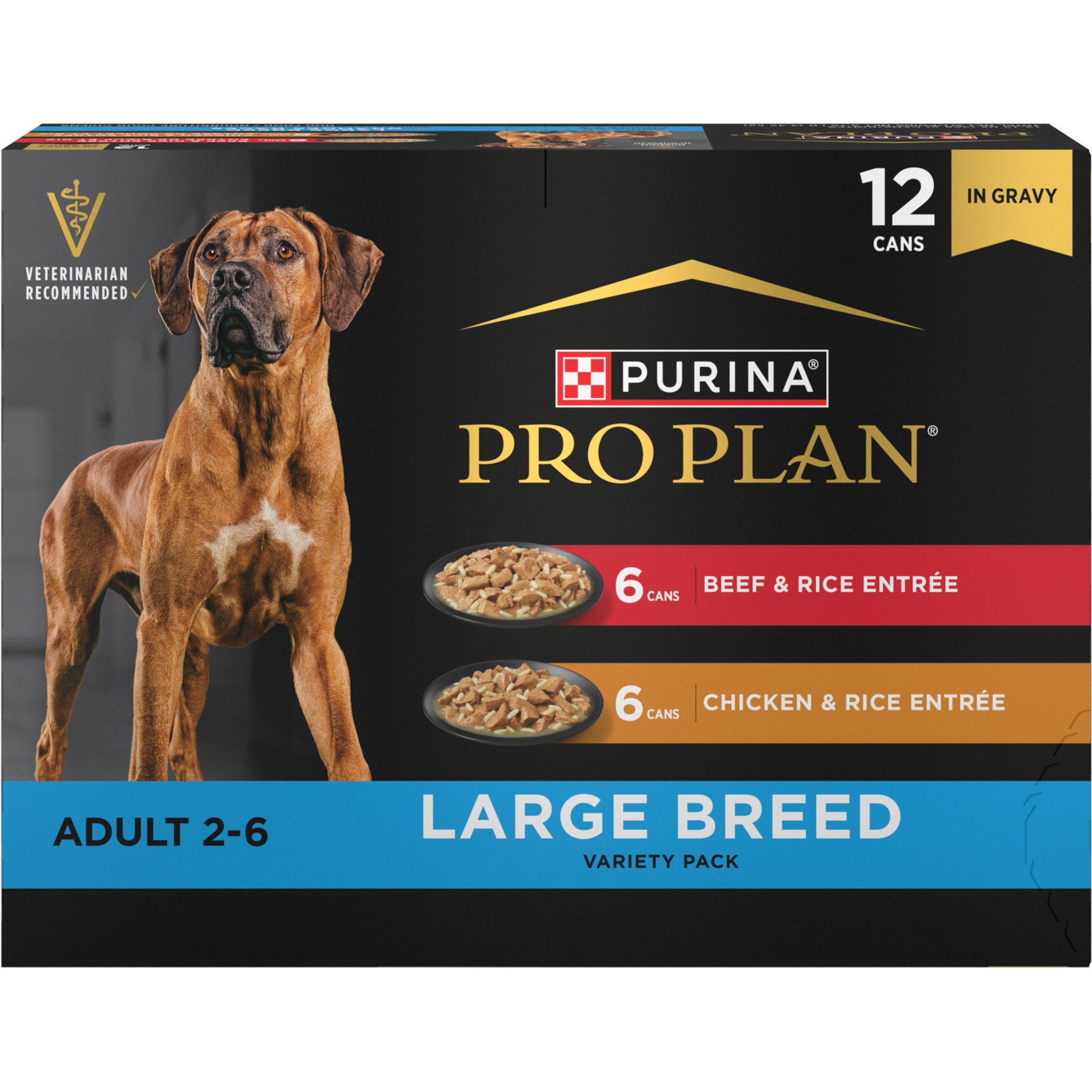 Purina Pro Plan Specialized Variety Pack Adult Large Breed High Protein Chicken & Rice, Beef & Rice in Gravy Wet Dog Food, 13-oz can, case of 12