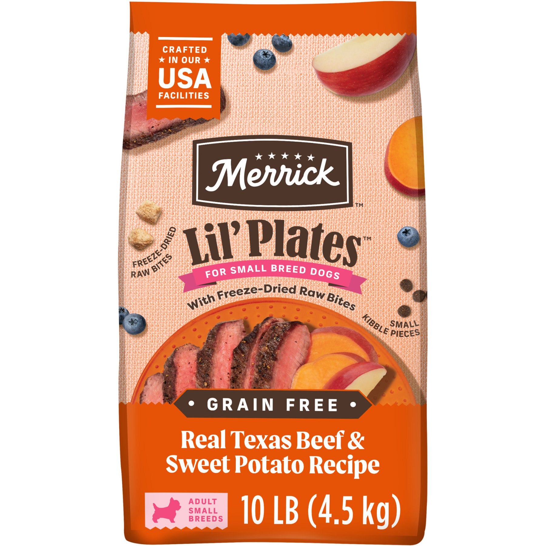 Merrick Lil' Plates Grain-Free Chicken-Free Real Texas Beef, Sweet Potato + Peas with Raw Bites Recipe Small Breed Dry Dog Food