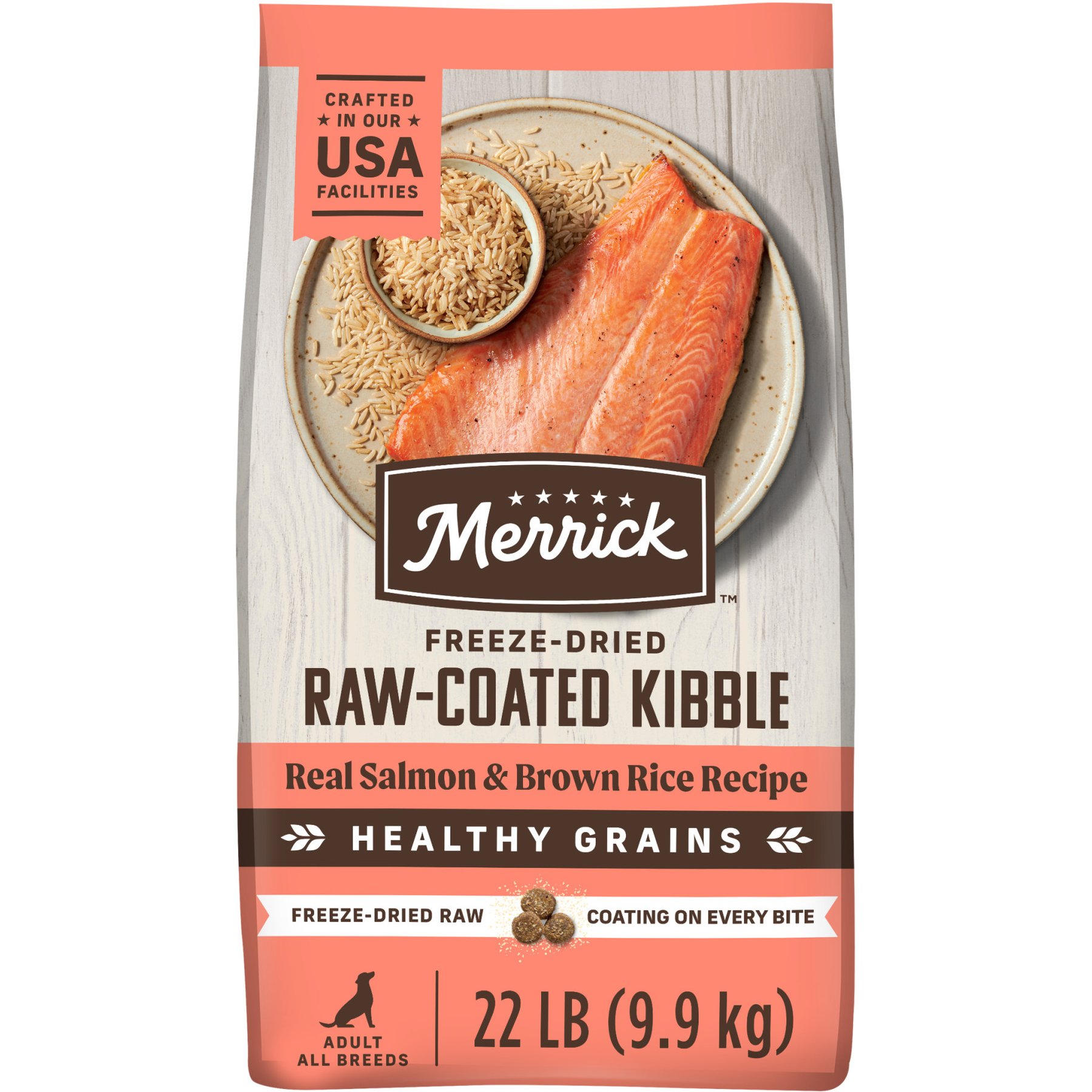Merrick Healthy Grains Raw-Coated Kibble Real Salmon + Brown Rice Recipe Freeze-Dried Dry Dog Food