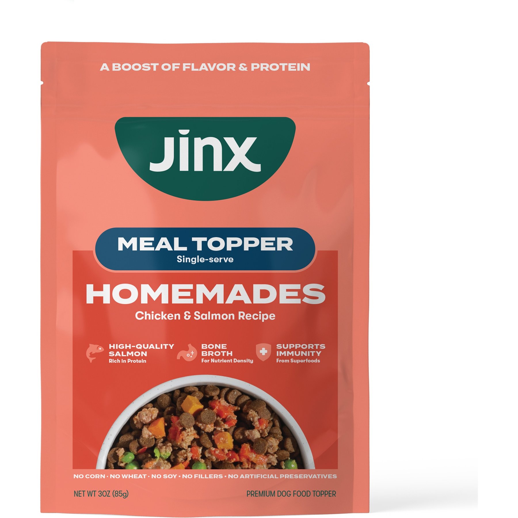 Jinx Chicken & Salmon Homemades Grain-Free Wet Dog Food Meal Topper, 3-oz pouch, case of 8