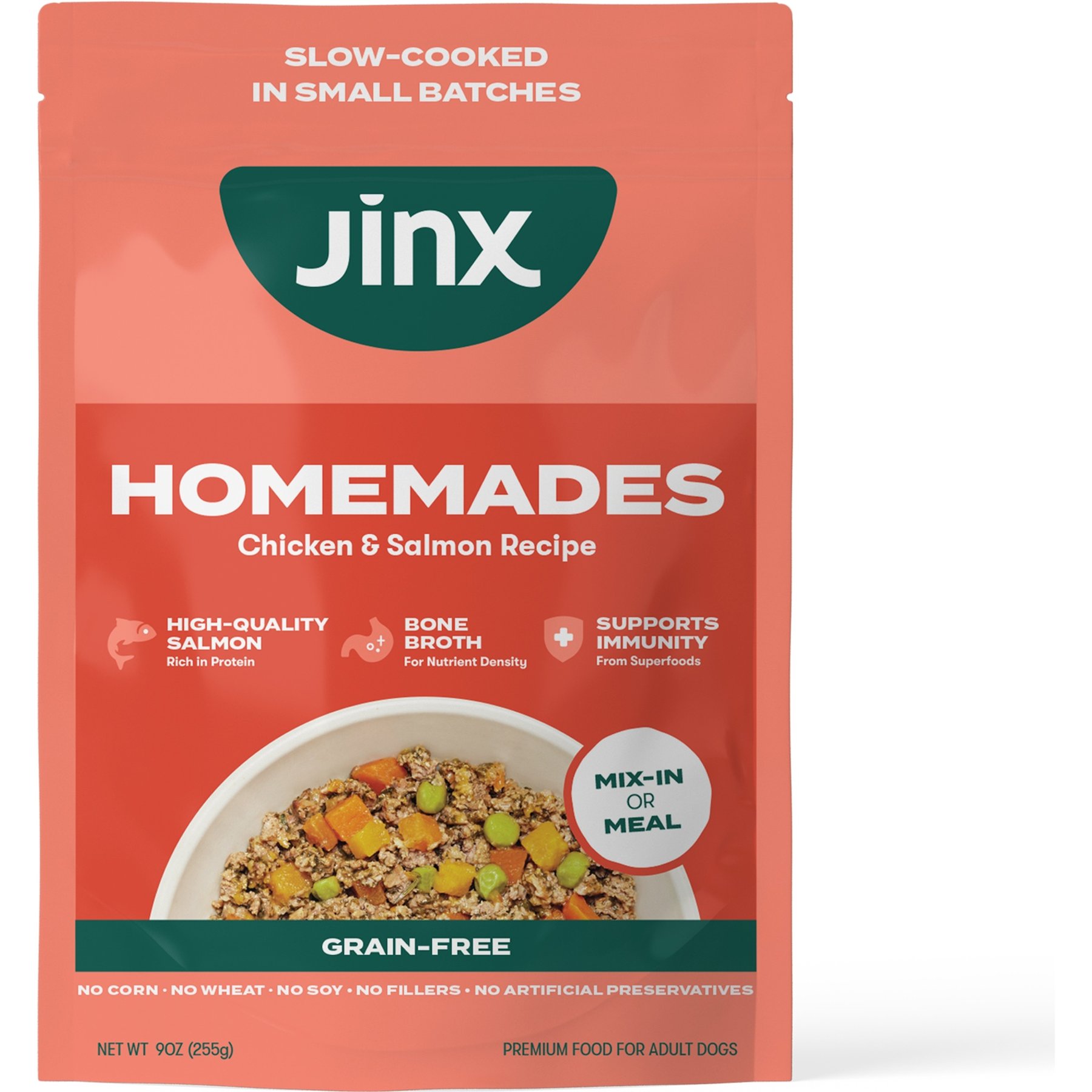 Jinx Salmon & Chicken Homemades Grain-Free Wet Dog Food, 9-oz pouch, case of 12
