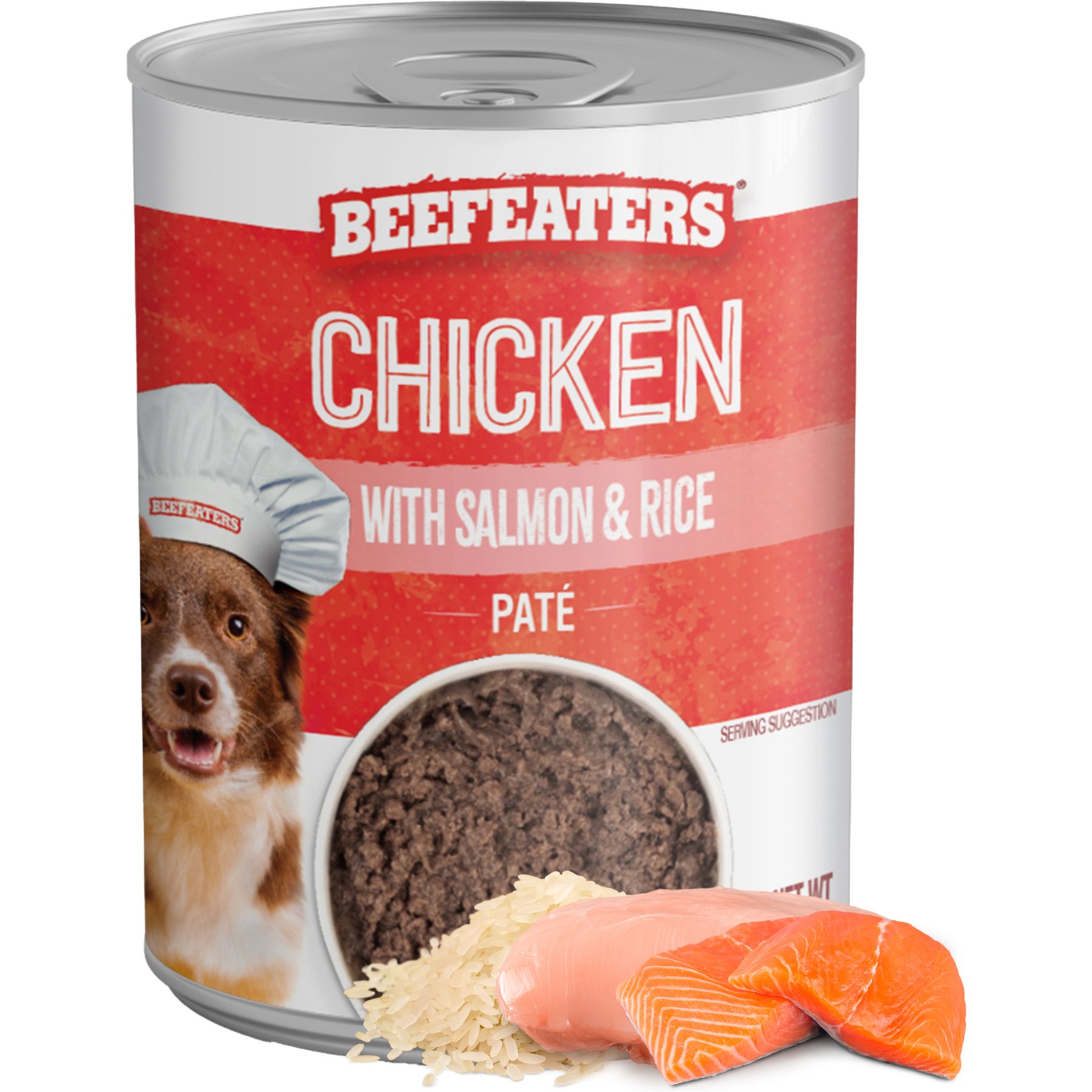Beefeaters Chicken with Salmon & Rice Pate Wet Dog Food, 13.2-oz can, case of 12