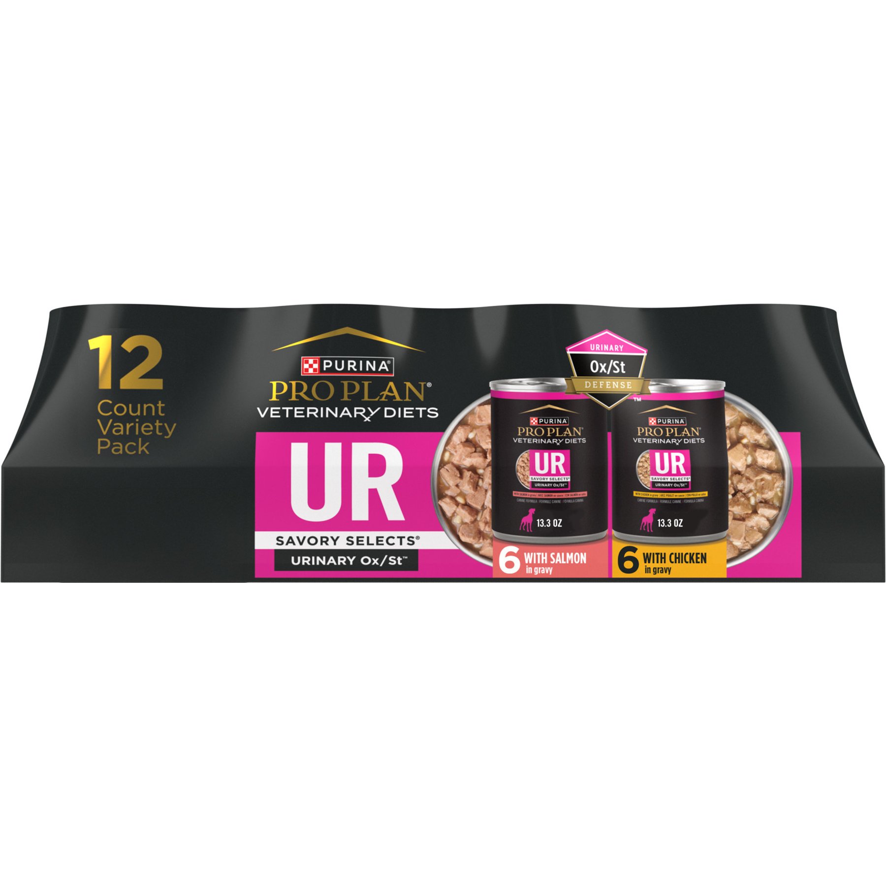 Purina Pro Plan Veterinary Diets UR Savory Selects Urinary Ox/St with Chicken & with Salmon in Gravy Variety Pack Wet Dog Food, 13.3-oz can, case of 12