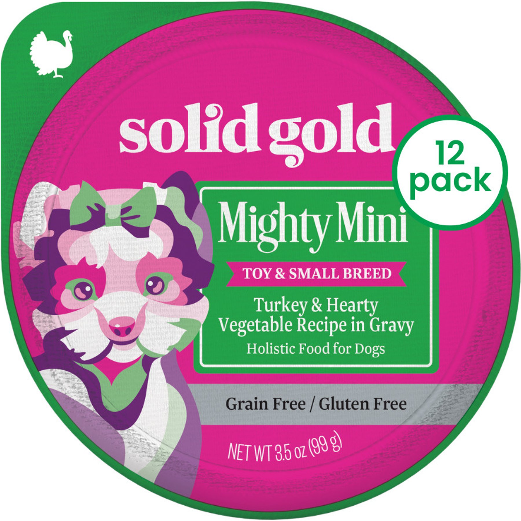Solid Gold Mighty Mini Turkey & Hearty Vegetable Recipe in Gravy Grain-Free Small Breed Dog Food Cups, case of 12